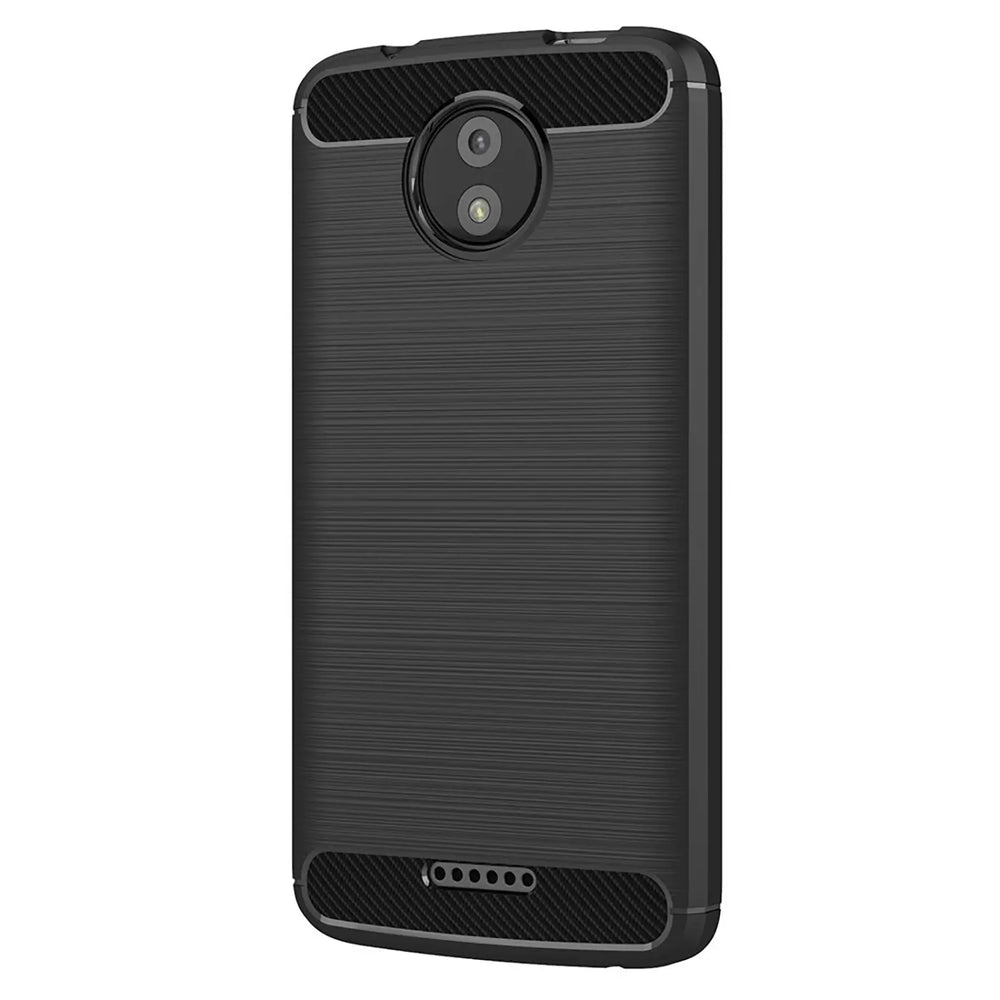 Schwarze Carbon-Hülle mit gebürsteter Textur für Motorola Moto C, Rückansicht.
