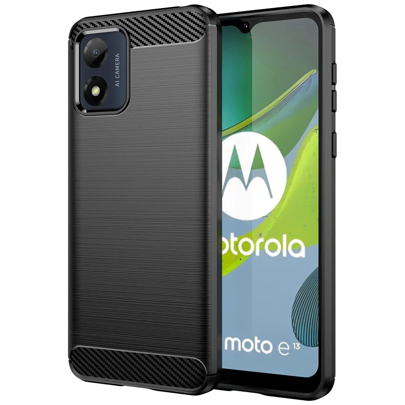 Schwarze Carbon-Hülle mit gebürsteter Oberfläche, schräg von vorne, zeigt Motorola Moto E13.