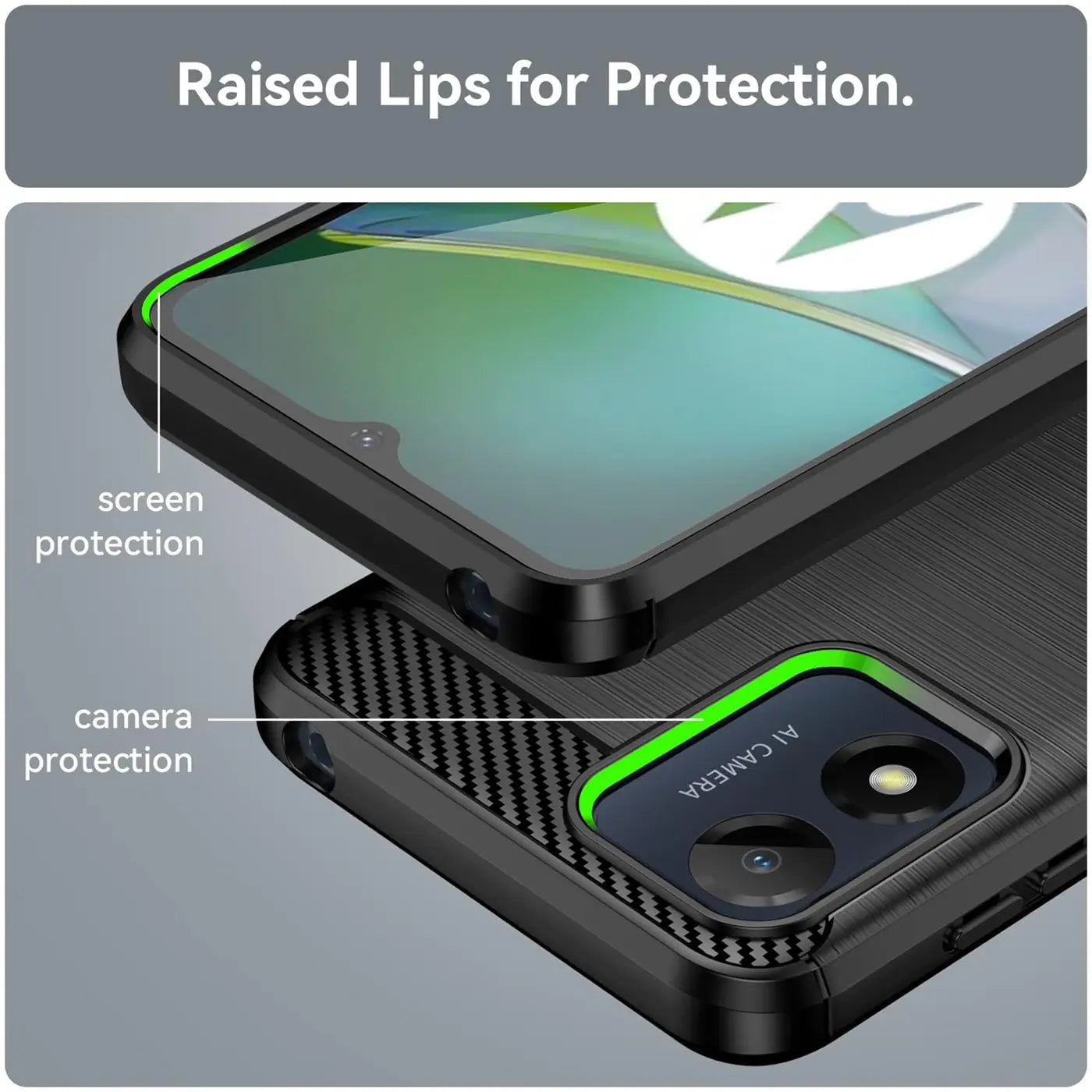 Schwarze Carbon-Hülle mit grünen Akzenten, zeigt Schutz für Display und Kamera des Motorola Moto E13.