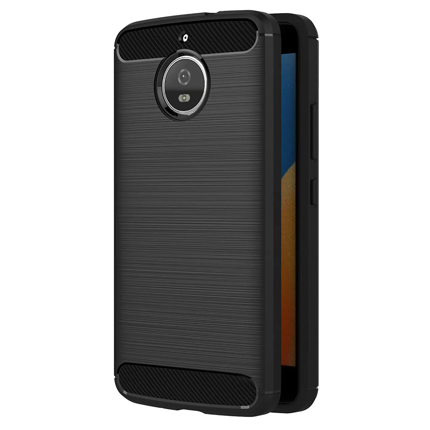 Schwarze Carbon-Hülle mit gebürsteter Textur für Motorola Moto E4 Plus, Seitenansicht.