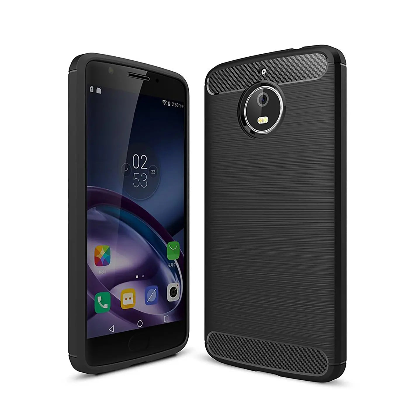 Schwarze Carbon-Hülle mit gebürstetem Finish, von vorne und hinten, für Motorola Moto E4 Plus.