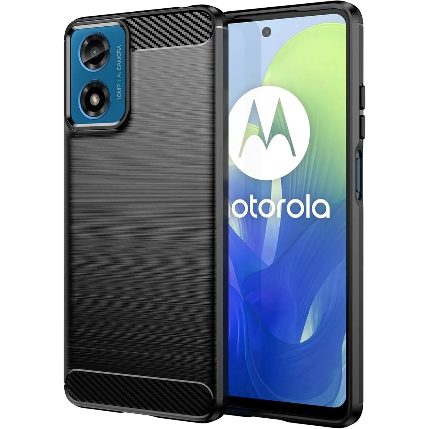 Schwarze Carbon-Hülle mit gebürsteter Textur, seitliche Ansicht, Motorola Moto G04/G24.