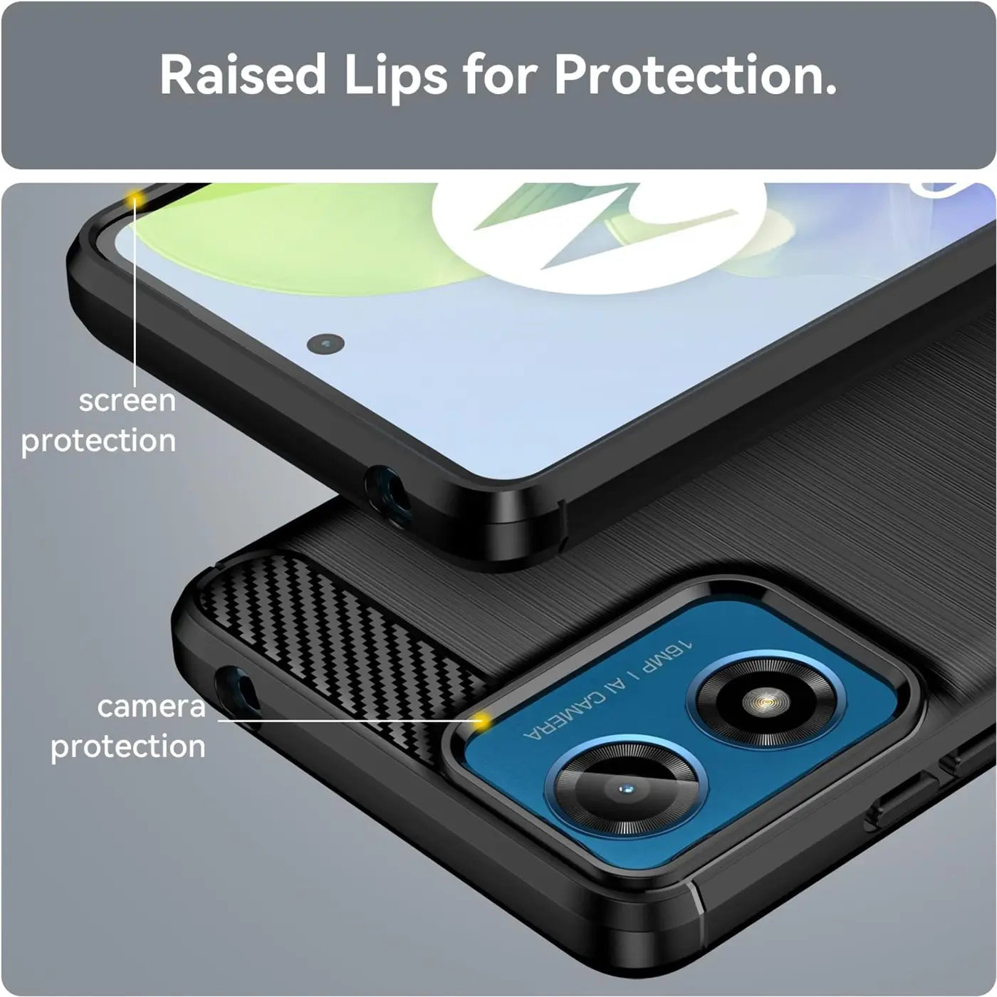 Schwarze Carbon-Hülle für Motorola Moto G04/G24, Nahaufnahme, Rückseite mit Kamera, Vorderseite mit Display.