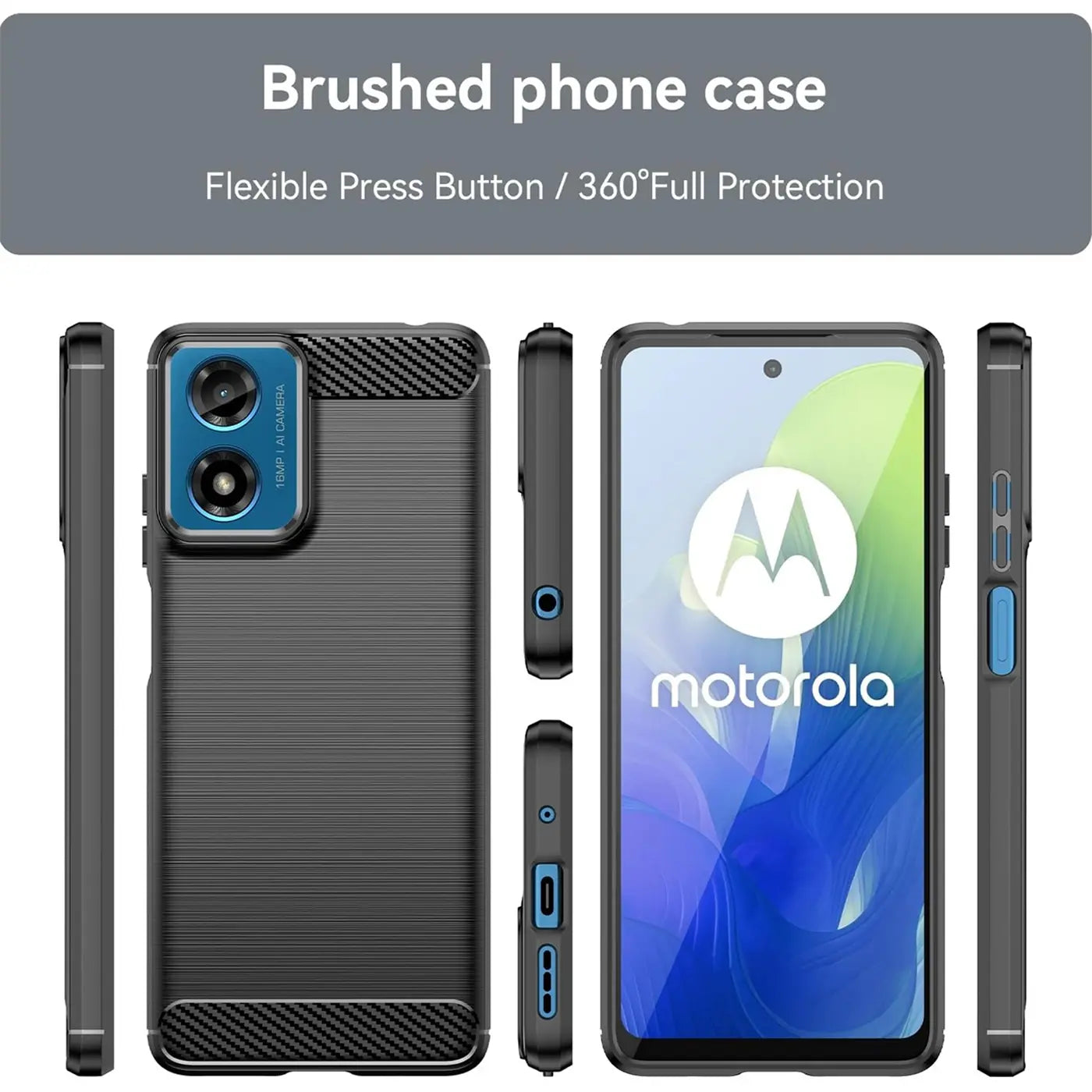 Dunkelgraue Carbon-Hülle, verschiedene Ansichten, mit Motorola Moto G04/G24