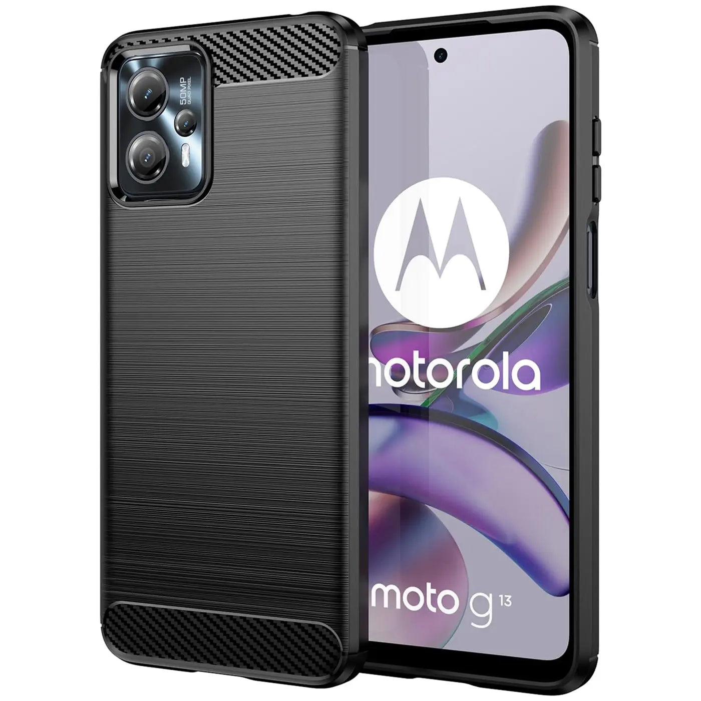 Schwarze Carbon-Hülle für Motorola Moto G13/G23, von vorne schräg gezeigt.