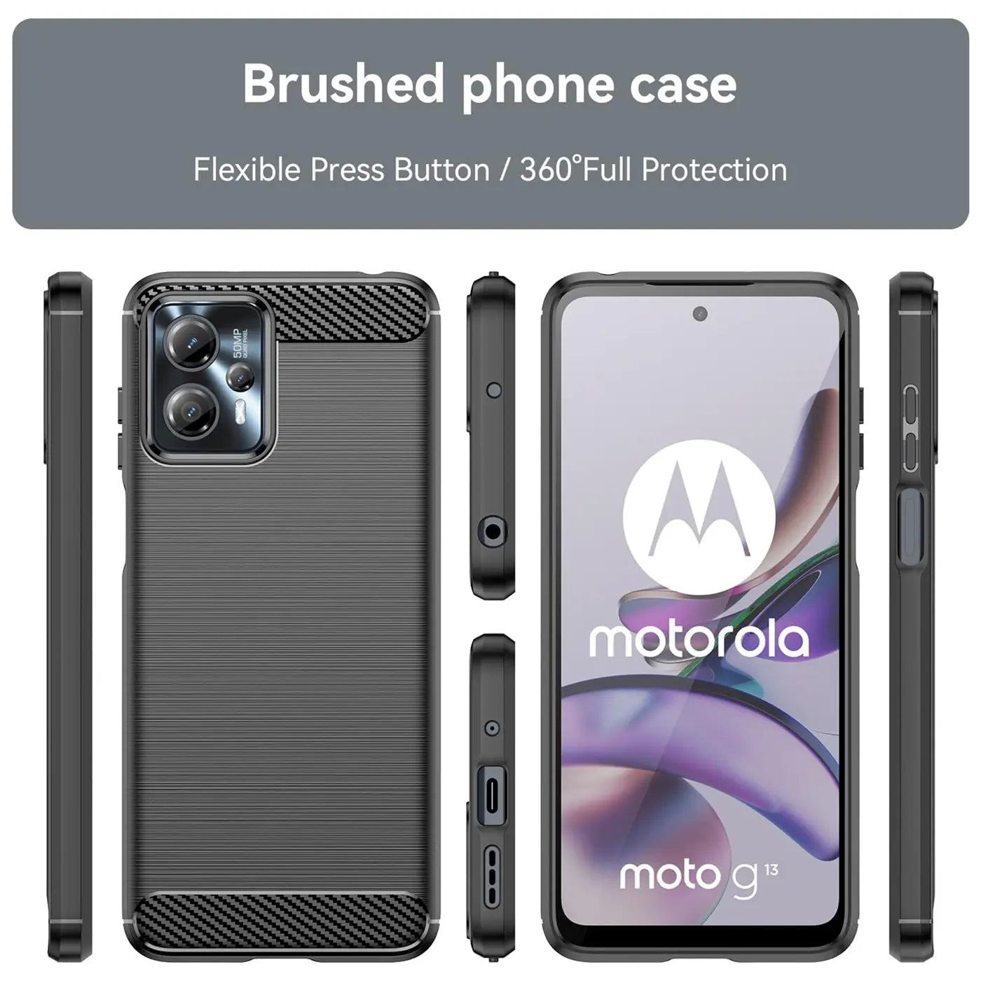 Graue Carbon-Hülle für Motorola Moto G13/G23, verschiedene Ansichten, stoßfest.