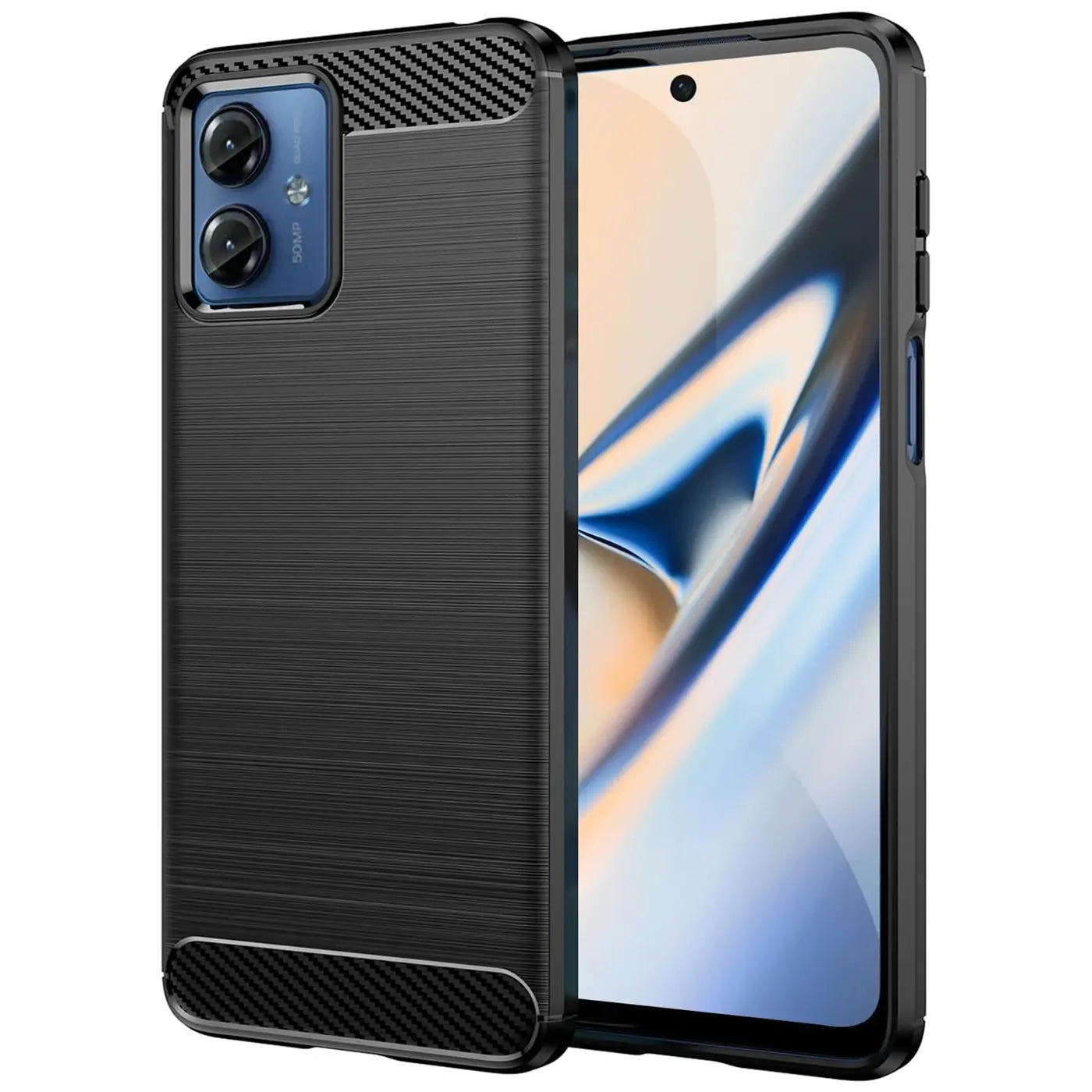 Schwarze Carbon-Hülle mit gebürsteter Textur, schützt Motorola Moto G14.