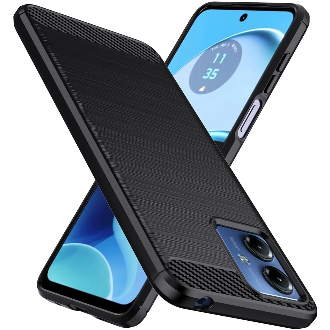 Schwarze Carbon-Hülle mit gebürsteter Textur, schützt Motorola Moto G14, Seitenansicht.