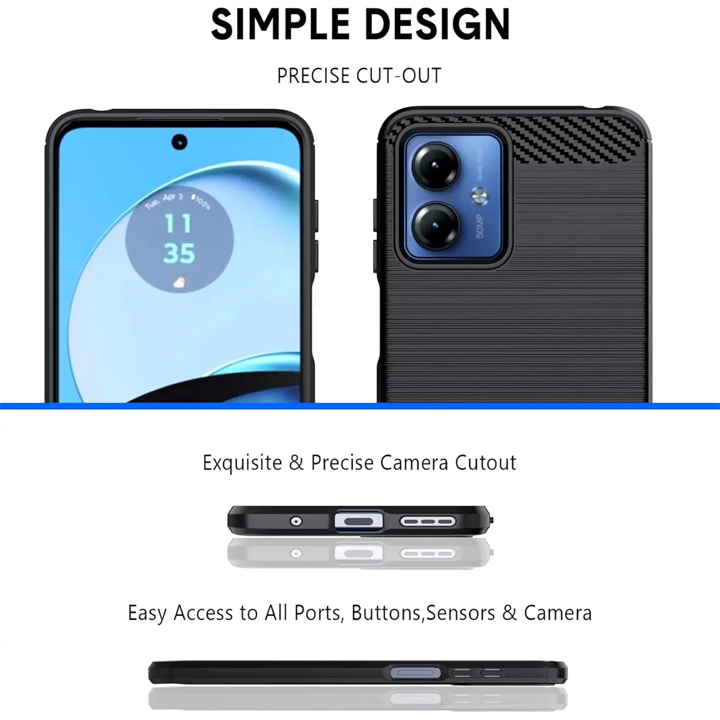 Schwarze Carbon-Hülle mit Motorola Moto G14, Vorder- und Rückansicht, Seitenansicht.