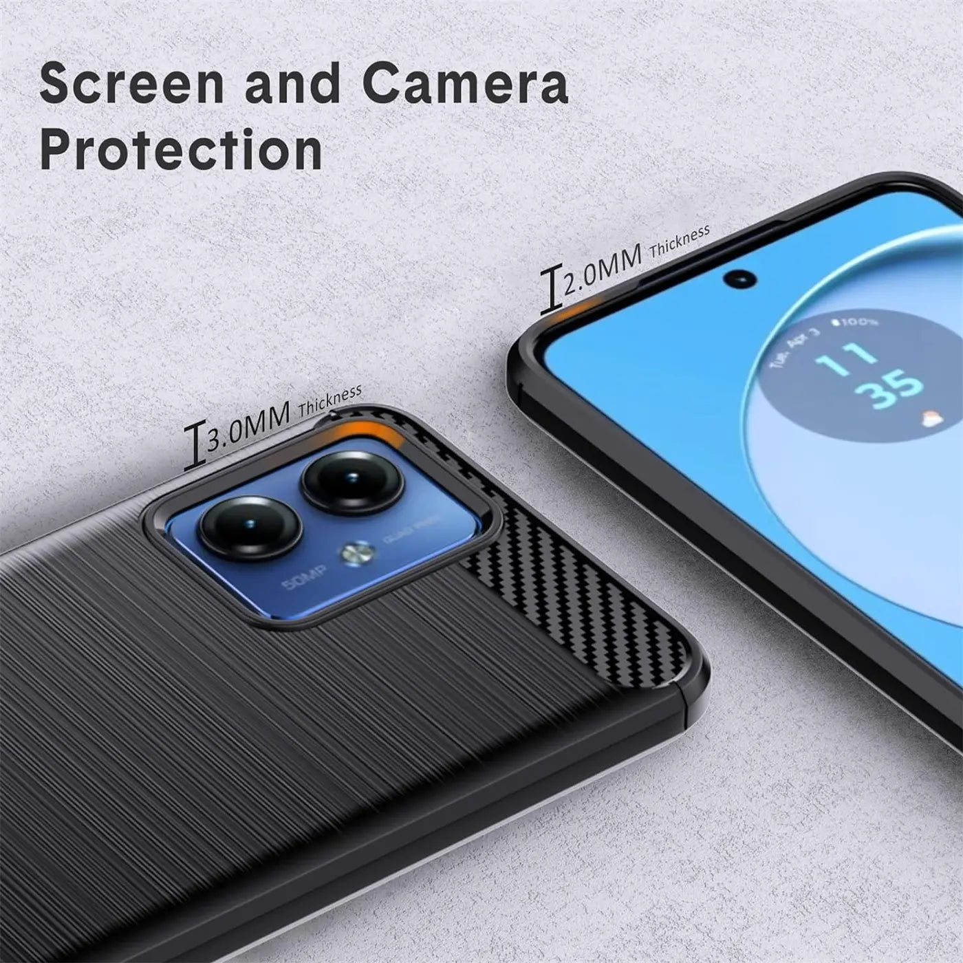 Schwarze Carbon-Hülle mit Textur, Nahaufnahme, Motorola Moto G14 mit Schutz.