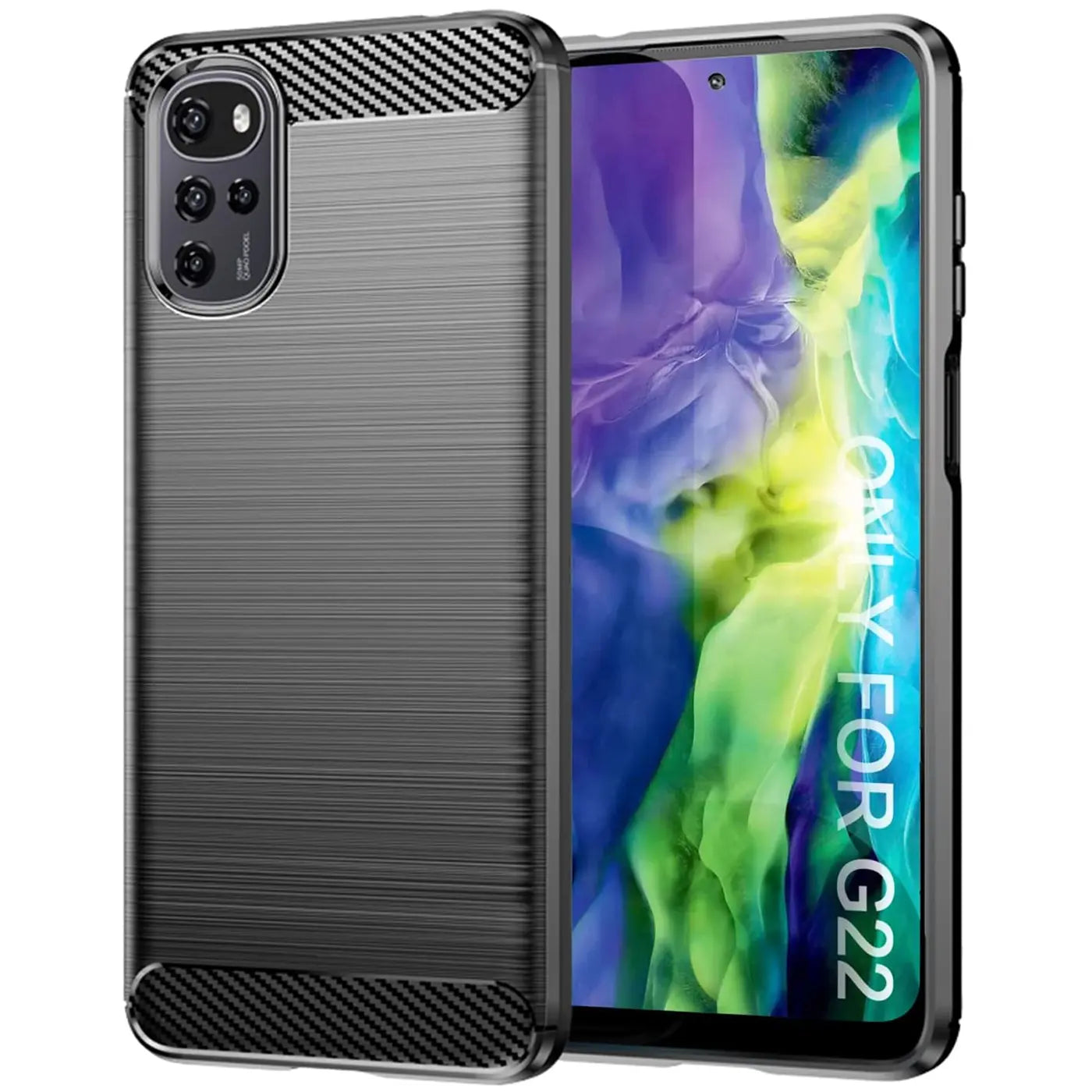 Graue Carbon-Hülle mit gebürsteter Oberfläche, seitliche Ansicht, Motorola Moto G22.
