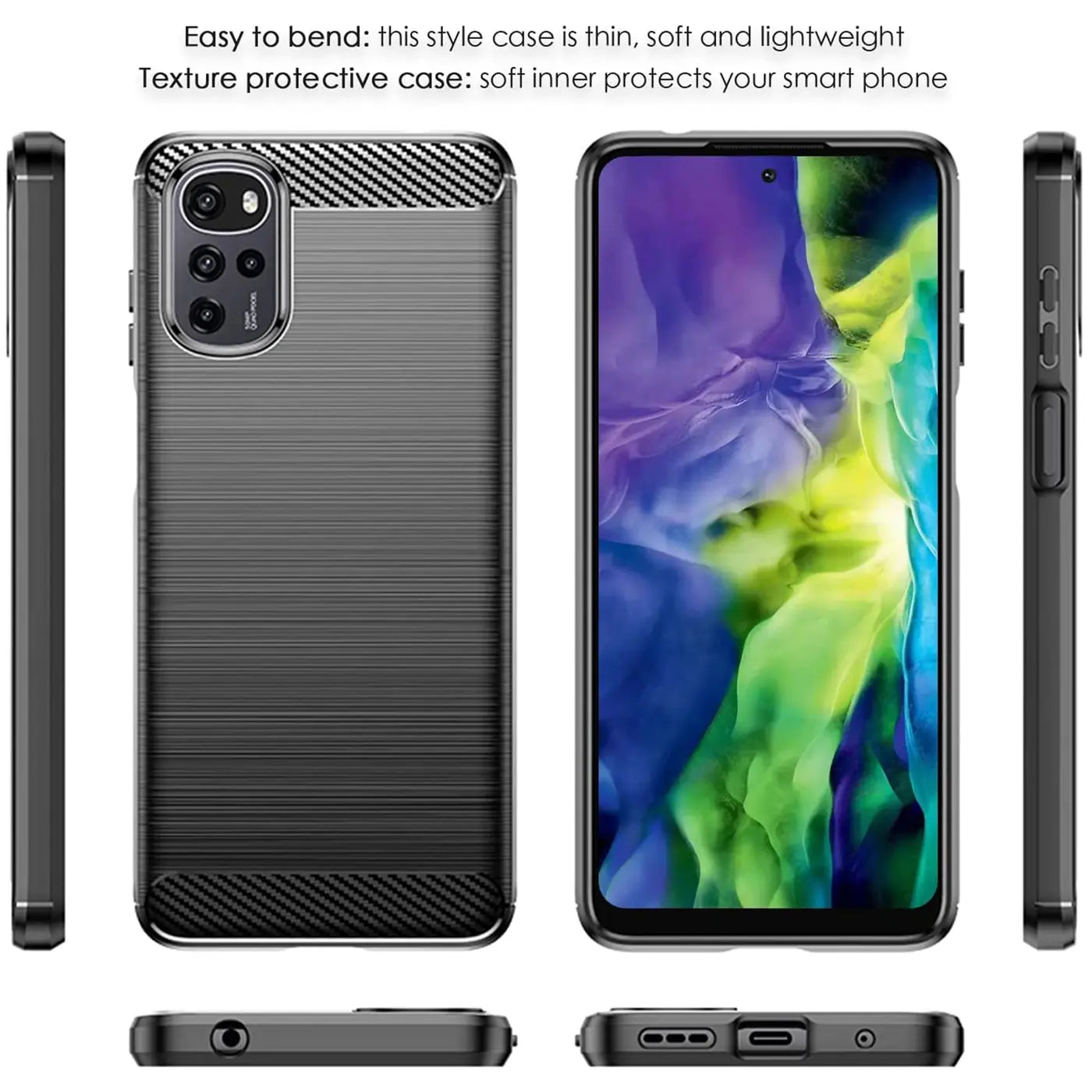Graue Carbon-Hülle, von vorne, Seite und unten, mit Motorola Moto G22