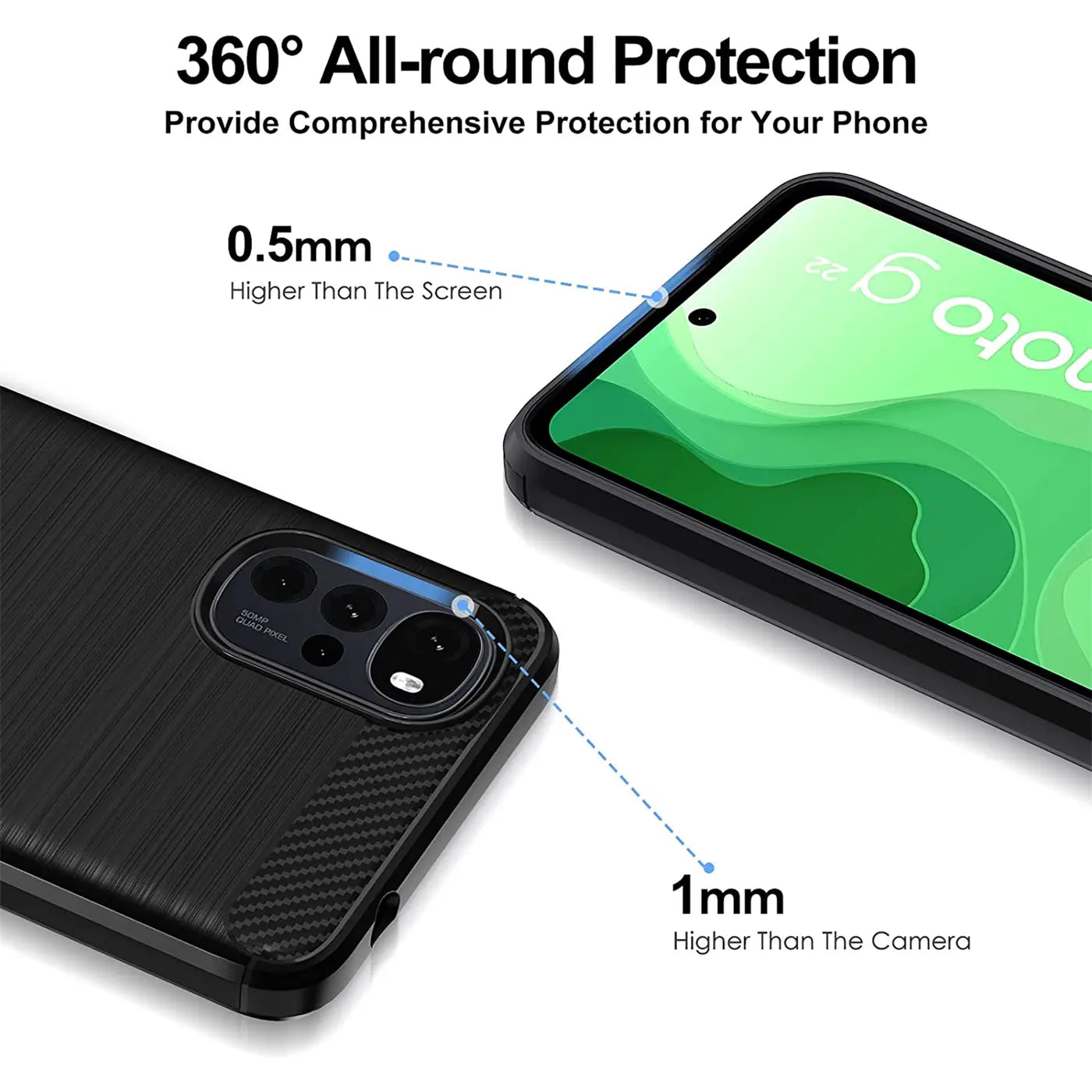Schwarze Carbon-Hülle, Rückansicht und Vorderansicht Motorola Moto G22, stoßfest.