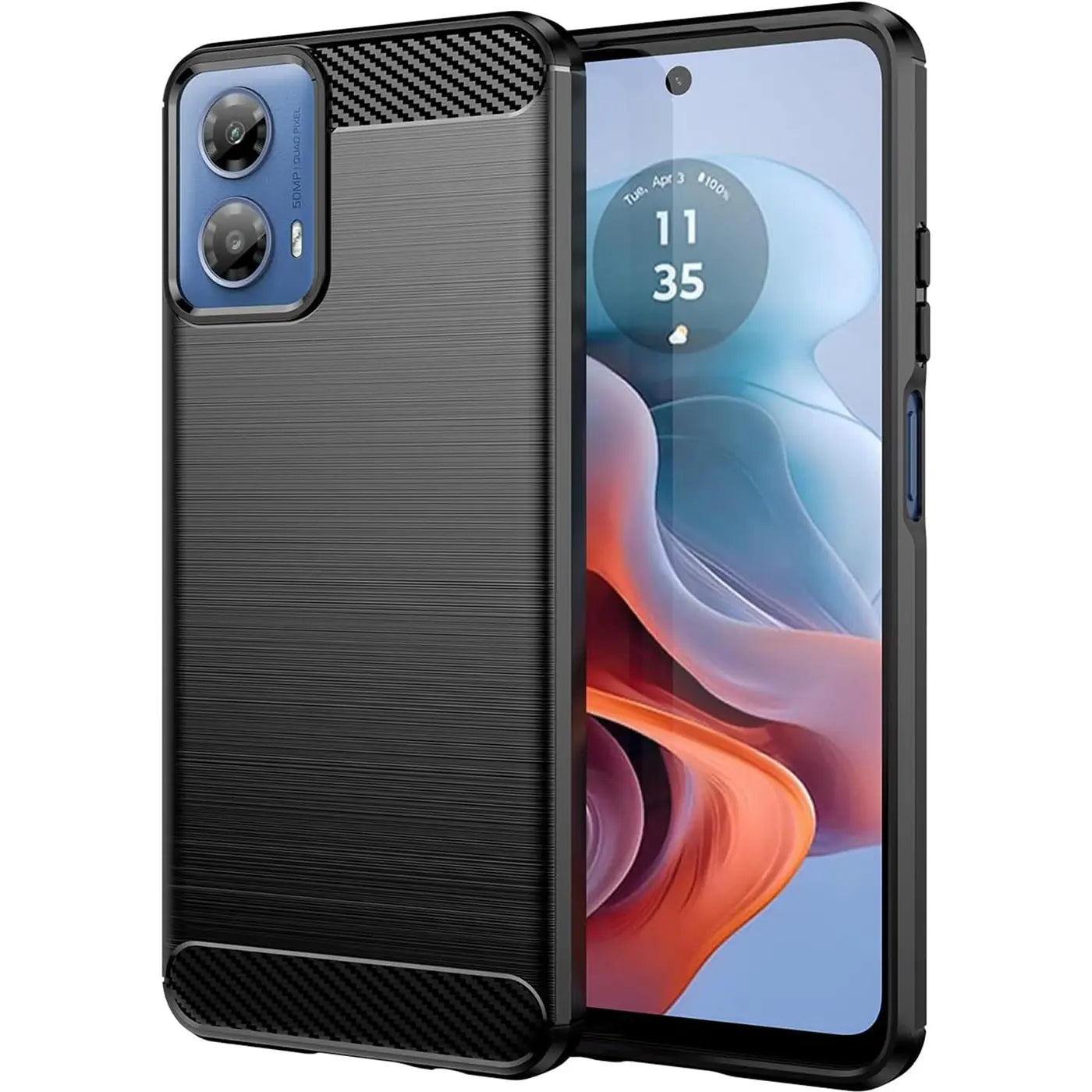 Schwarze Carbon-Hülle mit gebürstetem Finish für Motorola Moto G34 5G, Seitenansicht.