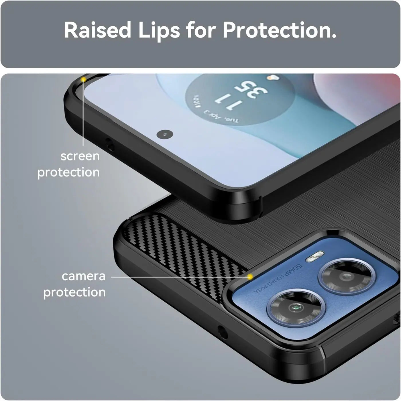 Schwarze Carbon-Hülle mit erhöhtem Rand für Motorola Moto G34 5G, Nahaufnahme.