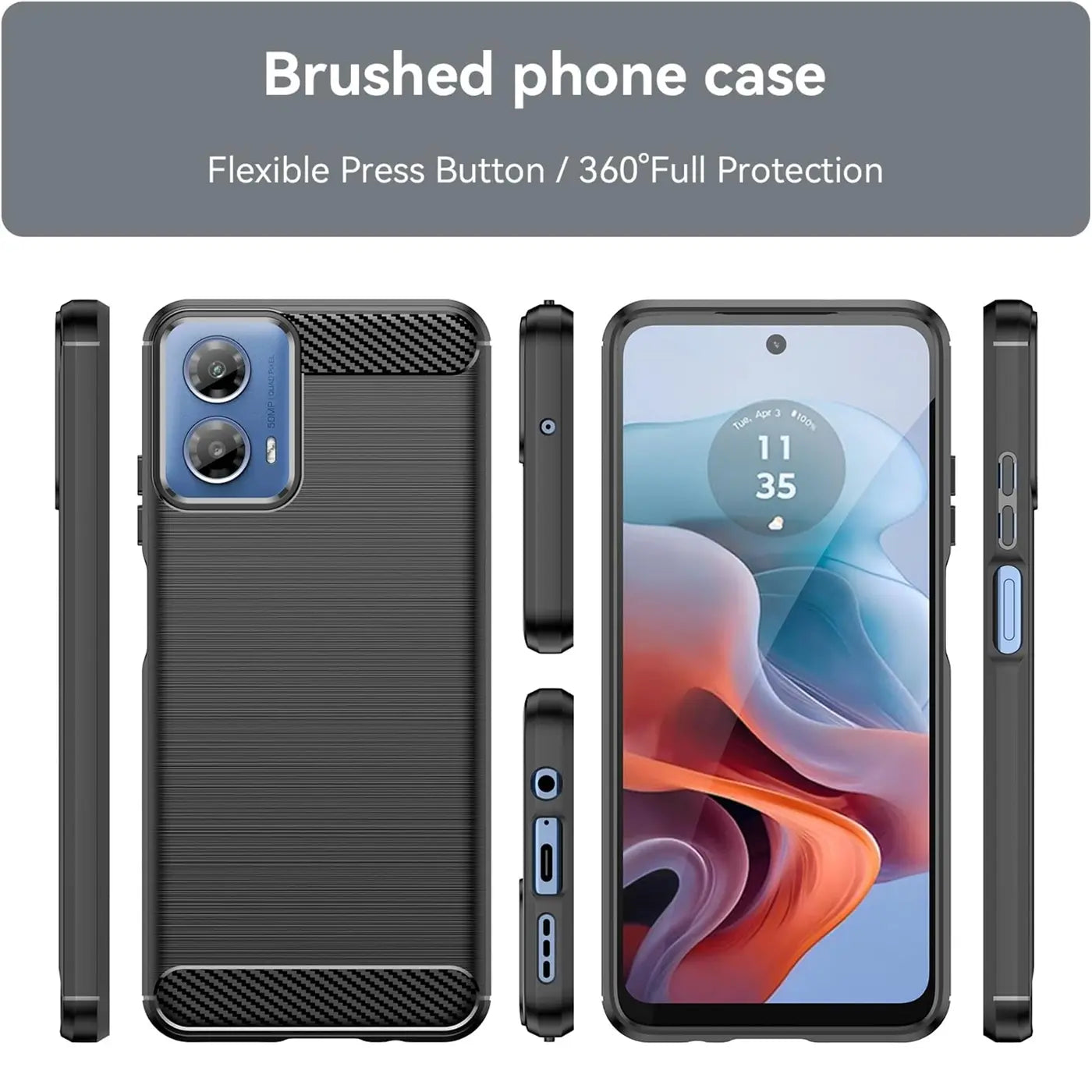 Dunkelgraue Carbon-Hülle, verschiedene Ansichten, Motorola Moto G34 5G.