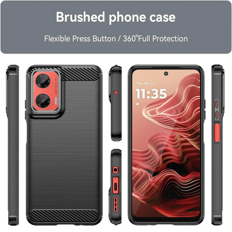 Schwarze Carbon-Hülle, verschiedene Ansichten, Motorola Moto G35 5G.
