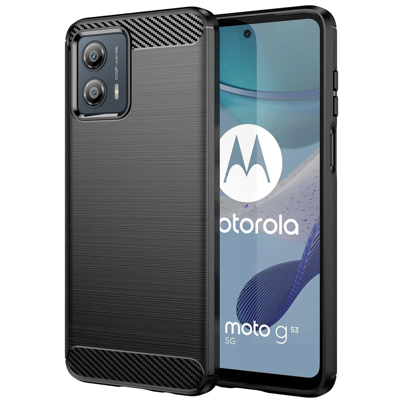 Schwarze Carbon-Hülle mit gebürsteter Oberfläche, schützt Motorola Moto G53 5G.