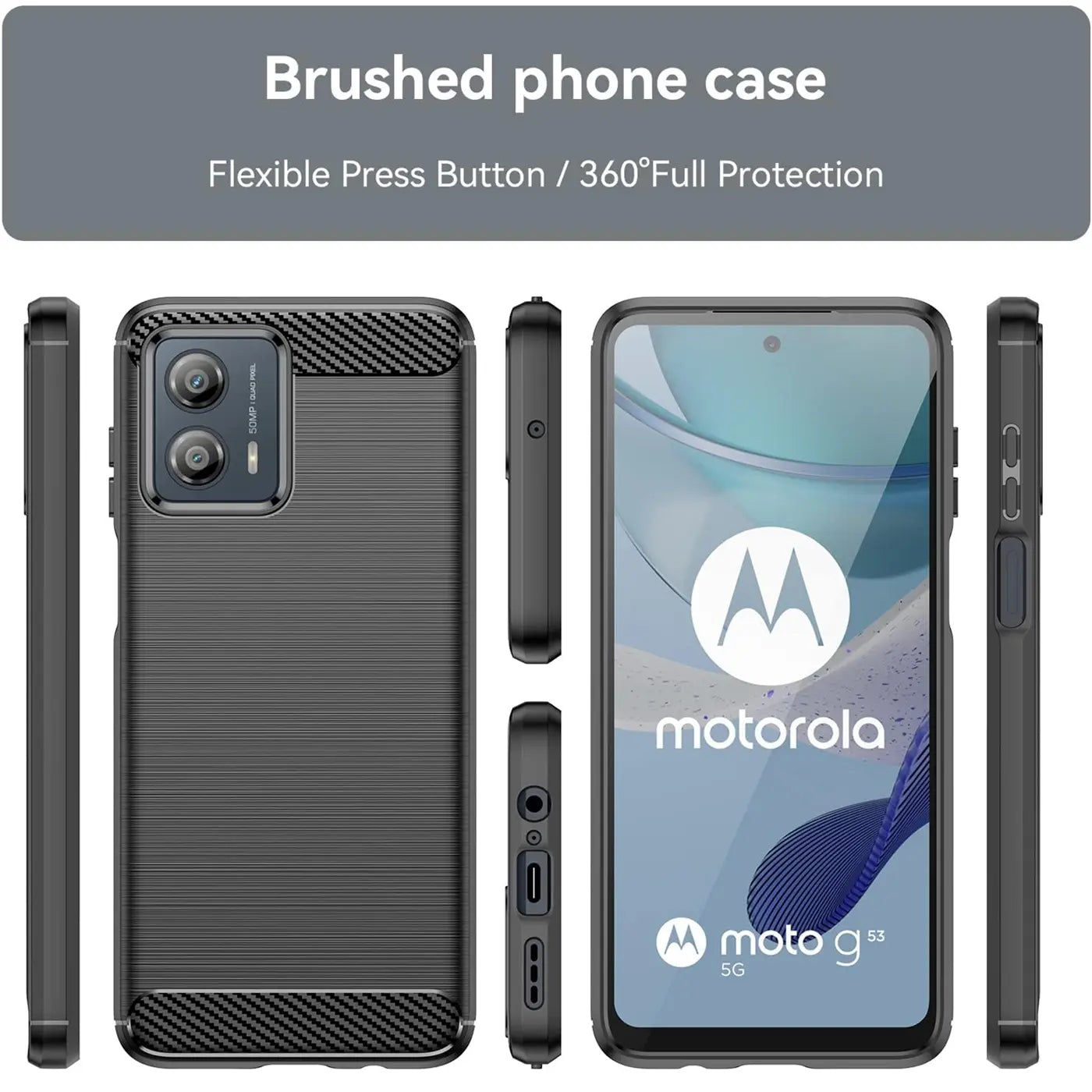 Dunkelgraue Carbon-Hülle, verschiedene Ansichten, Motorola Moto G53 5G.