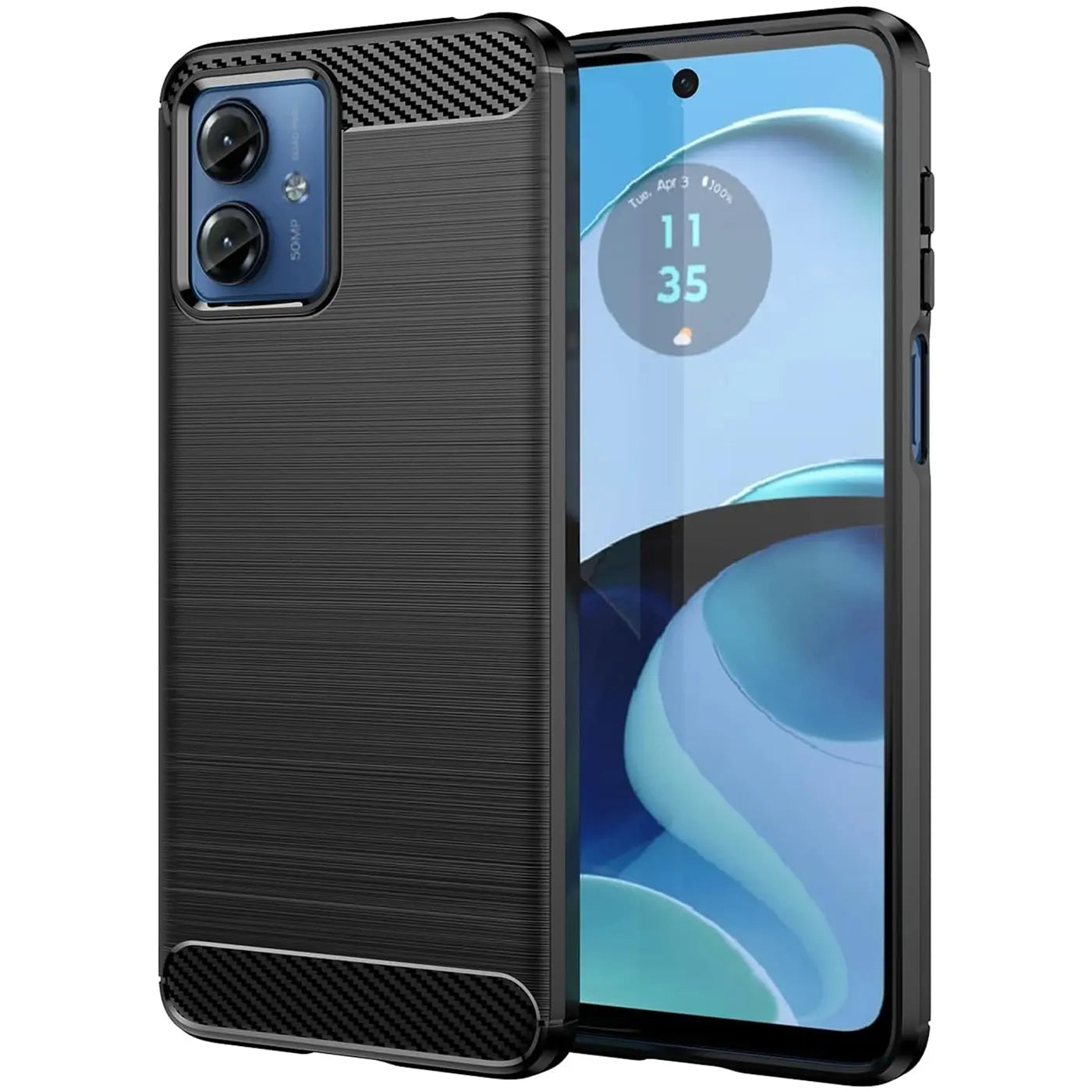 Schwarze Carbon-Hülle, schräg von vorne, zeigt Motorola Moto G54 5G mit Display.