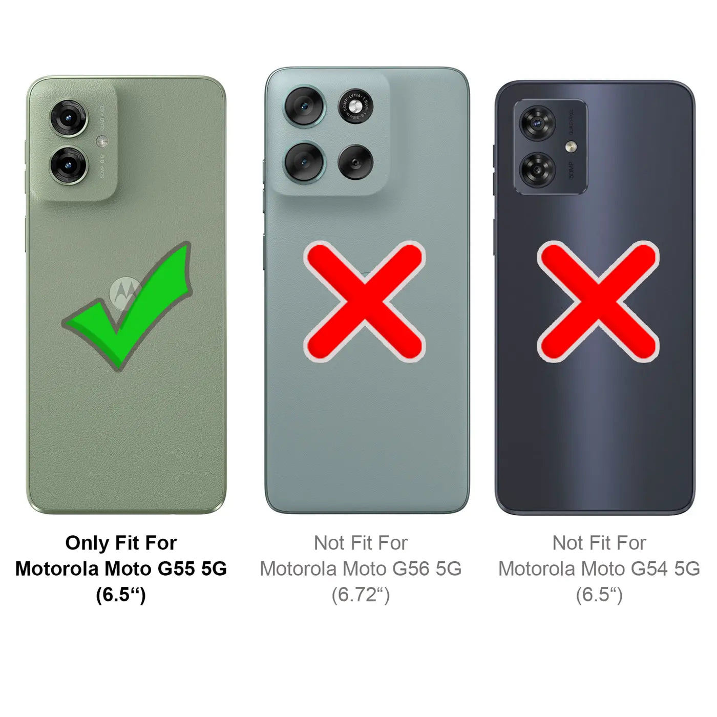 Grünes Handy (Moto G55 5G) mit Häkchen, graues und blaues Handy mit Kreuzen.
