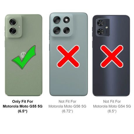 Grünes Handy (Moto G55 5G) mit Häkchen, graues und blaues Handy mit Kreuzen.