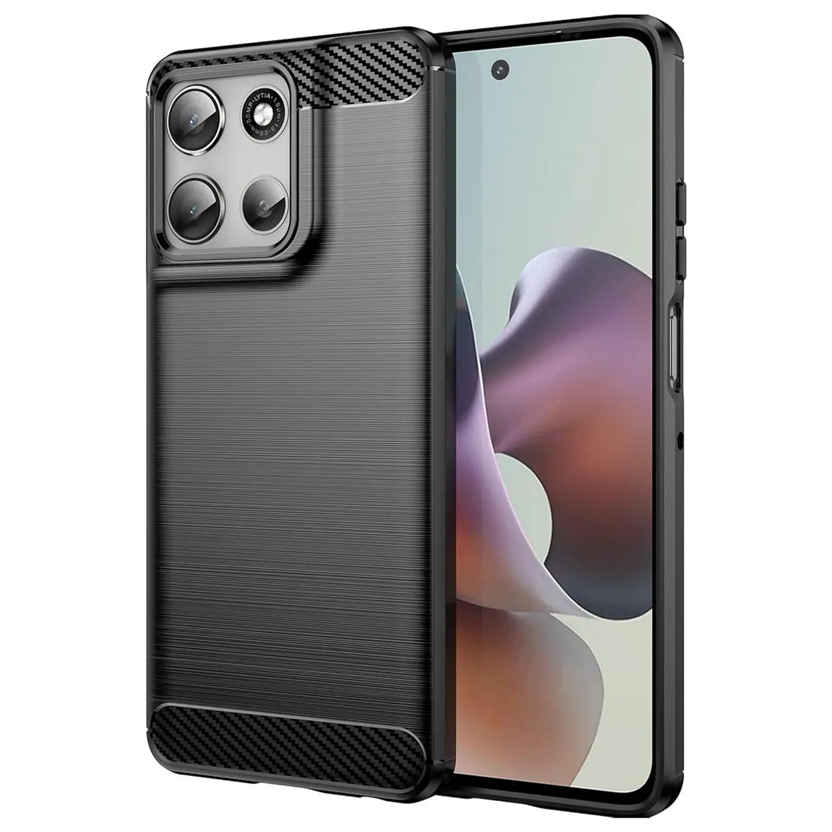 Schwarze Carbon-Hülle mit gebürstetem Finish, von vorne links, zeigt Motorola Moto G56 5G.