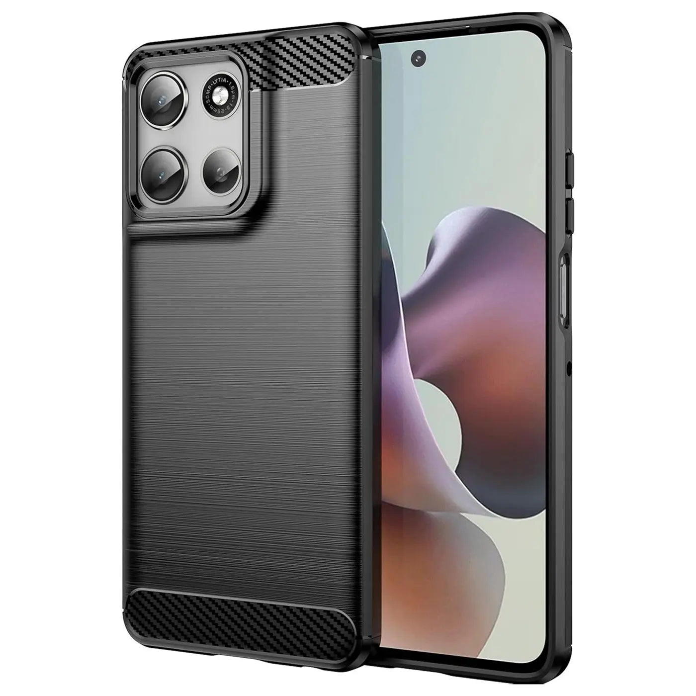 Schwarze Carbon-Hülle mit gebürstetem Finish, von vorne links, zeigt Motorola Moto G56 5G.