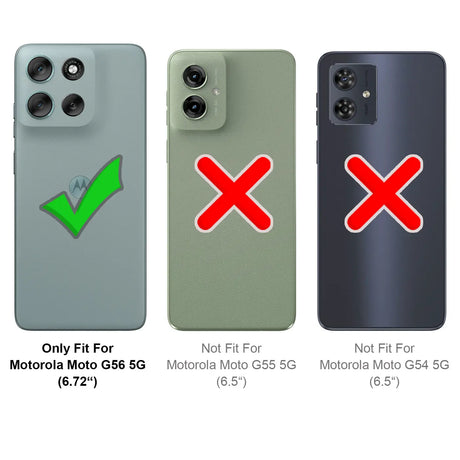 Drei Rückseiten von Handys: links Motorola Moto G56 5G mit grünem Haken, Mitte/rechts andere Modelle mit rotem Kreuz.