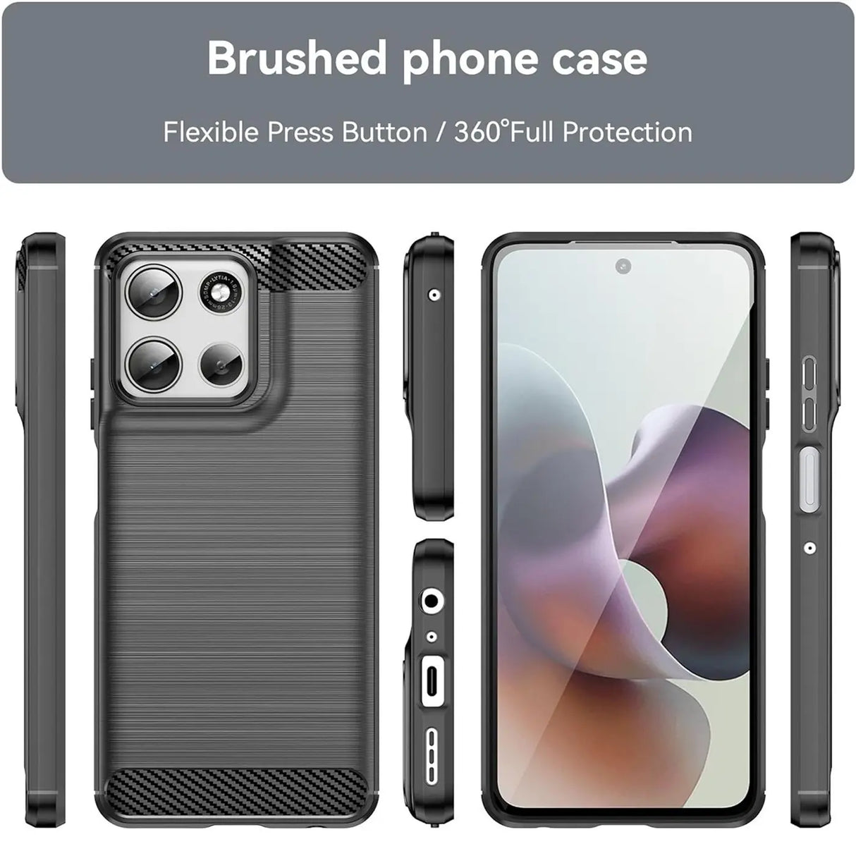 Graue Carbon-Hülle für Motorola Moto G56 5G, verschiedene Ansichten, stoßfest.