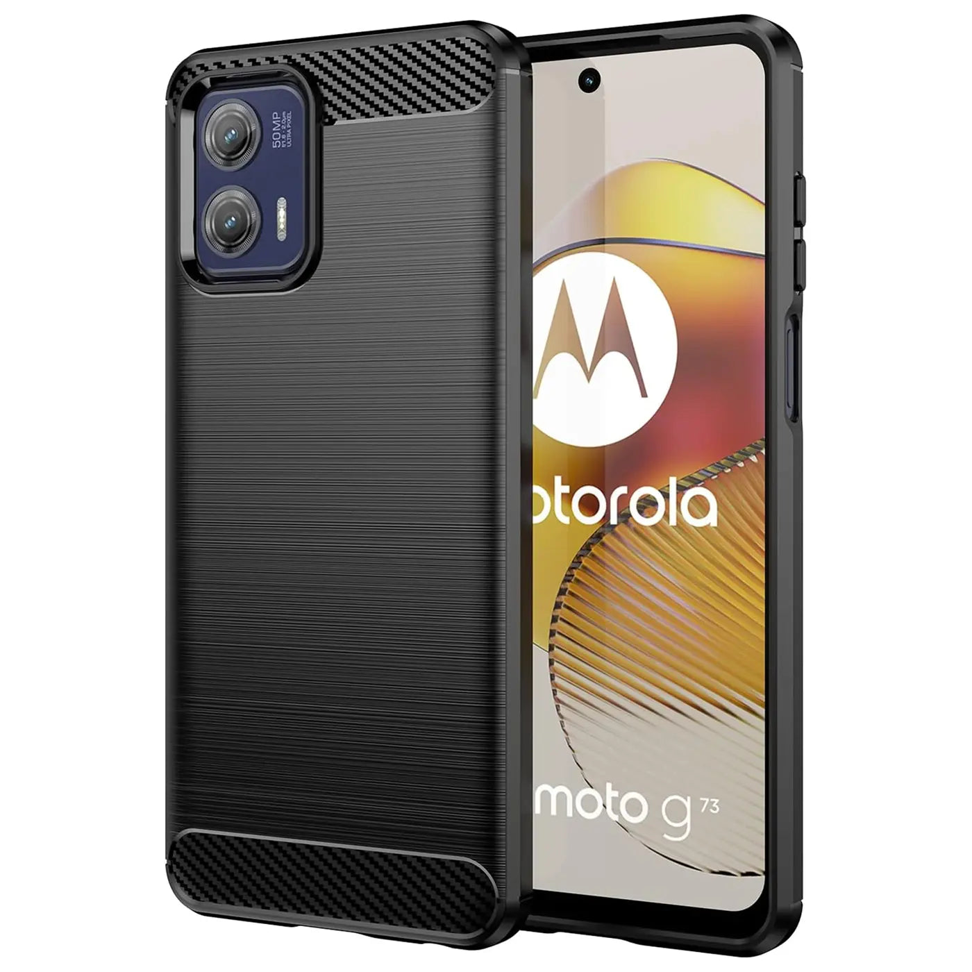 Schwarze Carbon-Hülle mit gebürsteter Oberfläche, schützt Motorola Moto G73 5G.