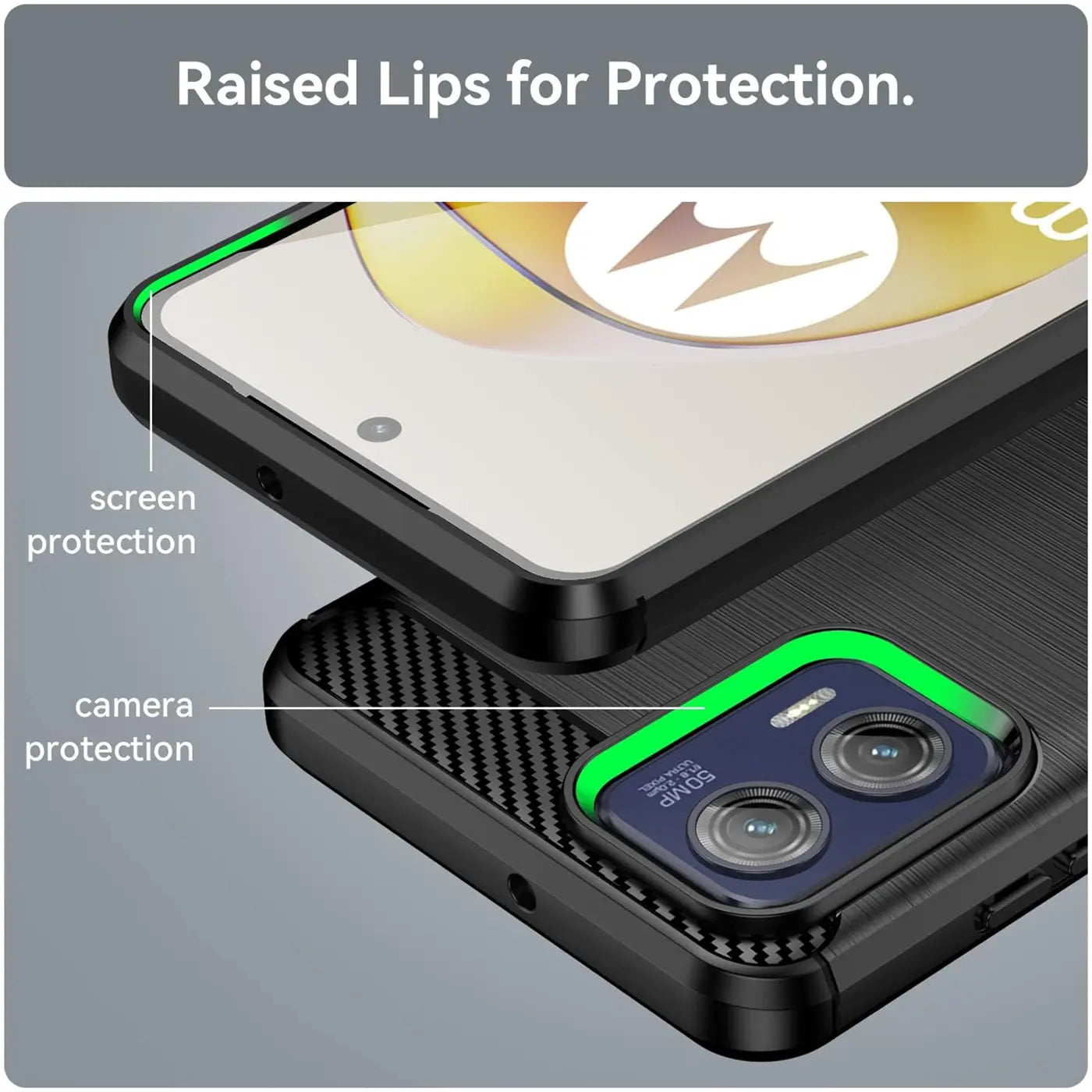 Schwarze Carbon-Hülle mit grünen Akzenten, Nahaufnahme, Motorola Moto G73 5G.