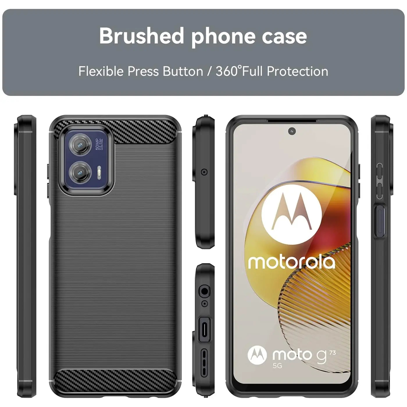 Motorola Moto G73 5G Hülle, schwarz, Carbon-Optik, verschiedene Ansichten