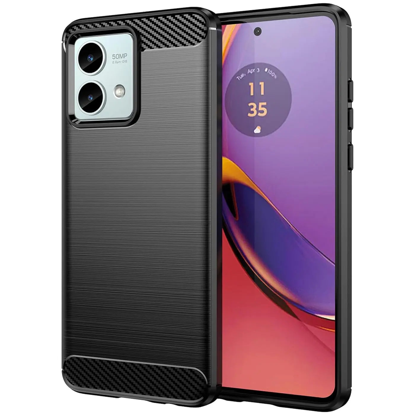 Schwarze Carbon-Hülle mit gebürstetem Finish, von vorne/seitlich, mit Motorola Moto G84 5G.