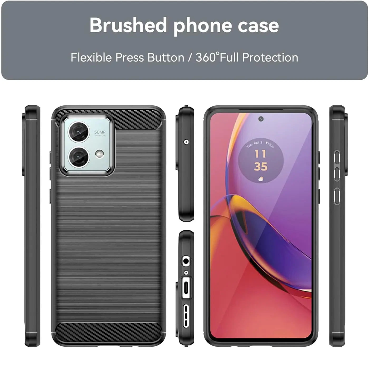 Dunkelgraue Carbon-Hülle für Motorola Moto G84 5G, von vorne, Seite, unten, Rückseite