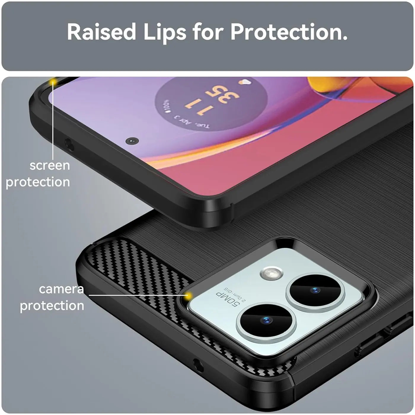 Schwarze Carbon-Hülle mit erhöhten Rändern für Motorola Moto G84 5G, Nahaufnahme.