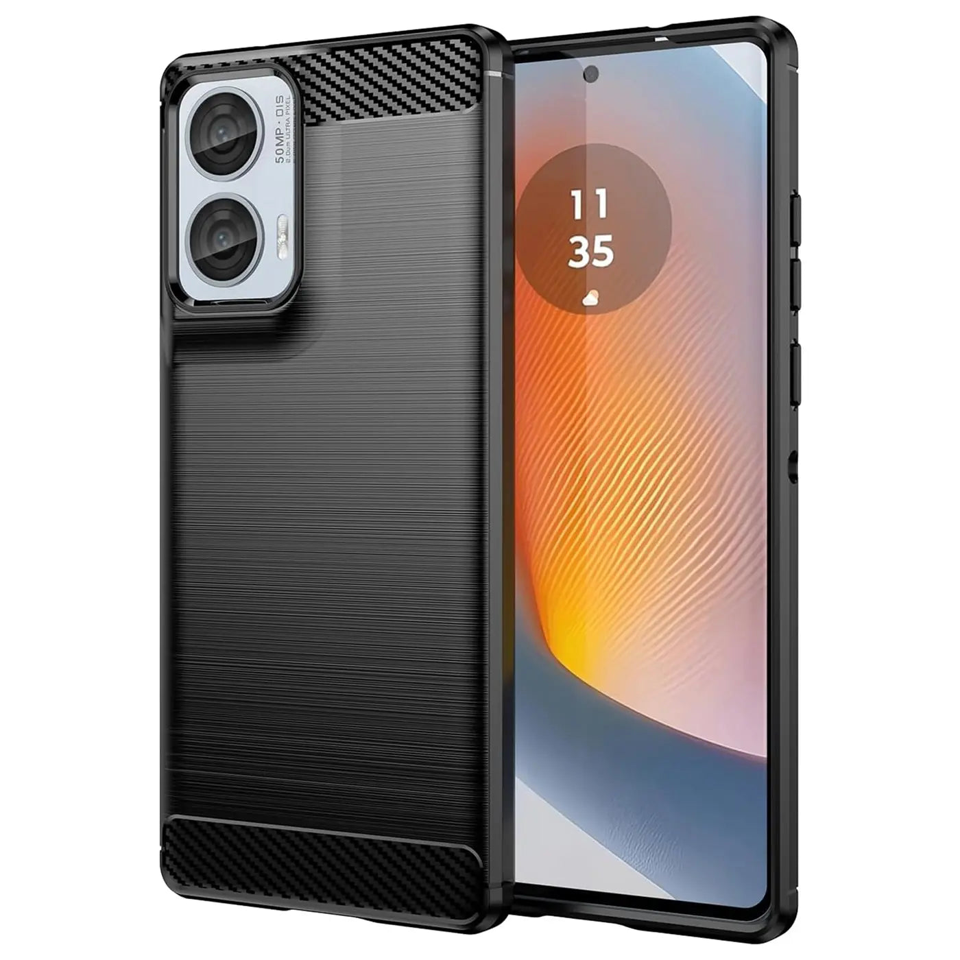 Schwarze Carbon-Hülle mit gebürsteter Textur für Motorola Moto G85 5G, Seitenansicht.