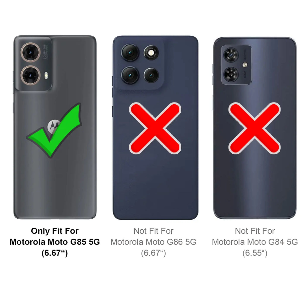Rückseite Motorola Moto G85 5G, grau, mit grünem Haken. Daneben zwei nicht passende Modelle.