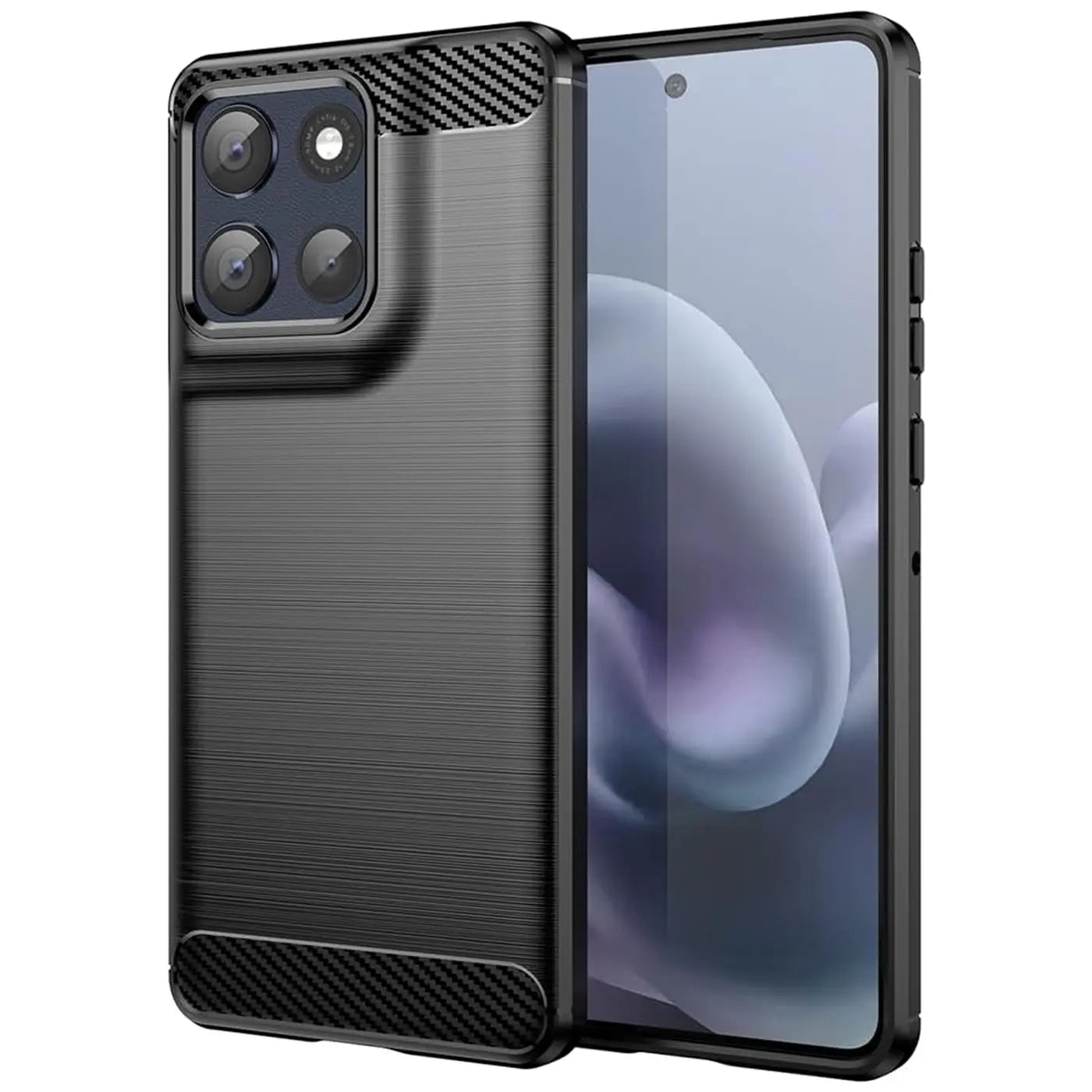 Schwarze Carbon-Hülle mit gebürsteter Textur, seitliche Ansicht, zeigt Motorola Moto G86 5G.