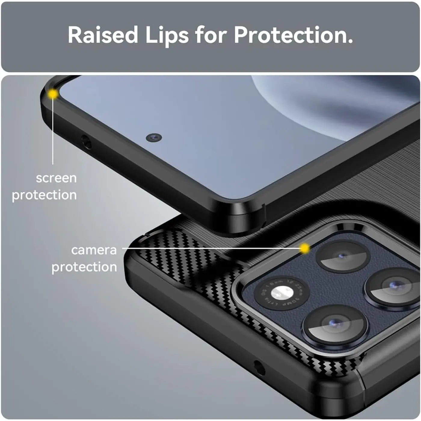Schwarze Carbon-Hülle mit erhöhten Rändern für Display- und Kameraschutz an einem Motorola Moto G86 5G.