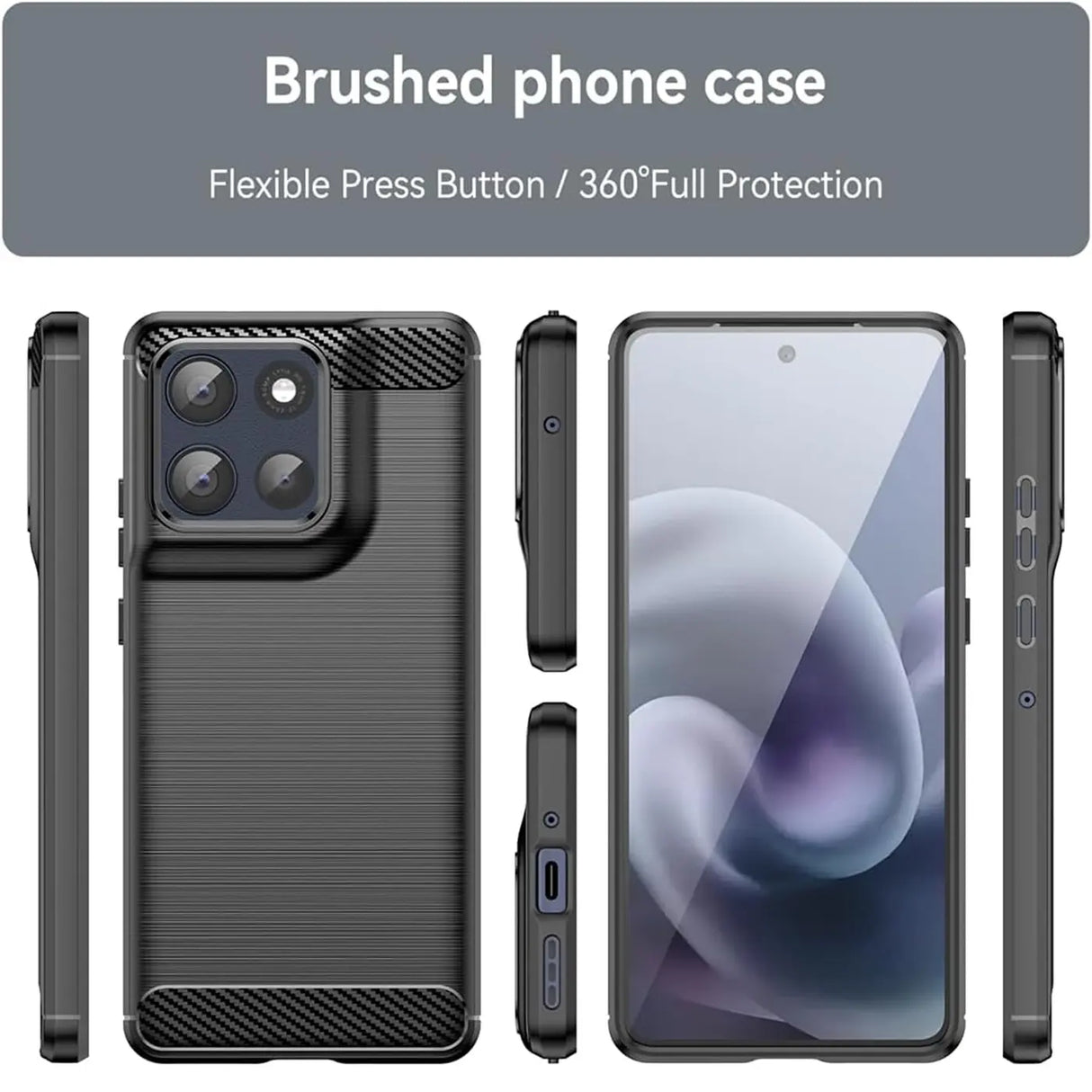 Graue Carbon-Hülle, verschiedene Ansichten, mit Motorola Moto G86 5G/Power 5G.