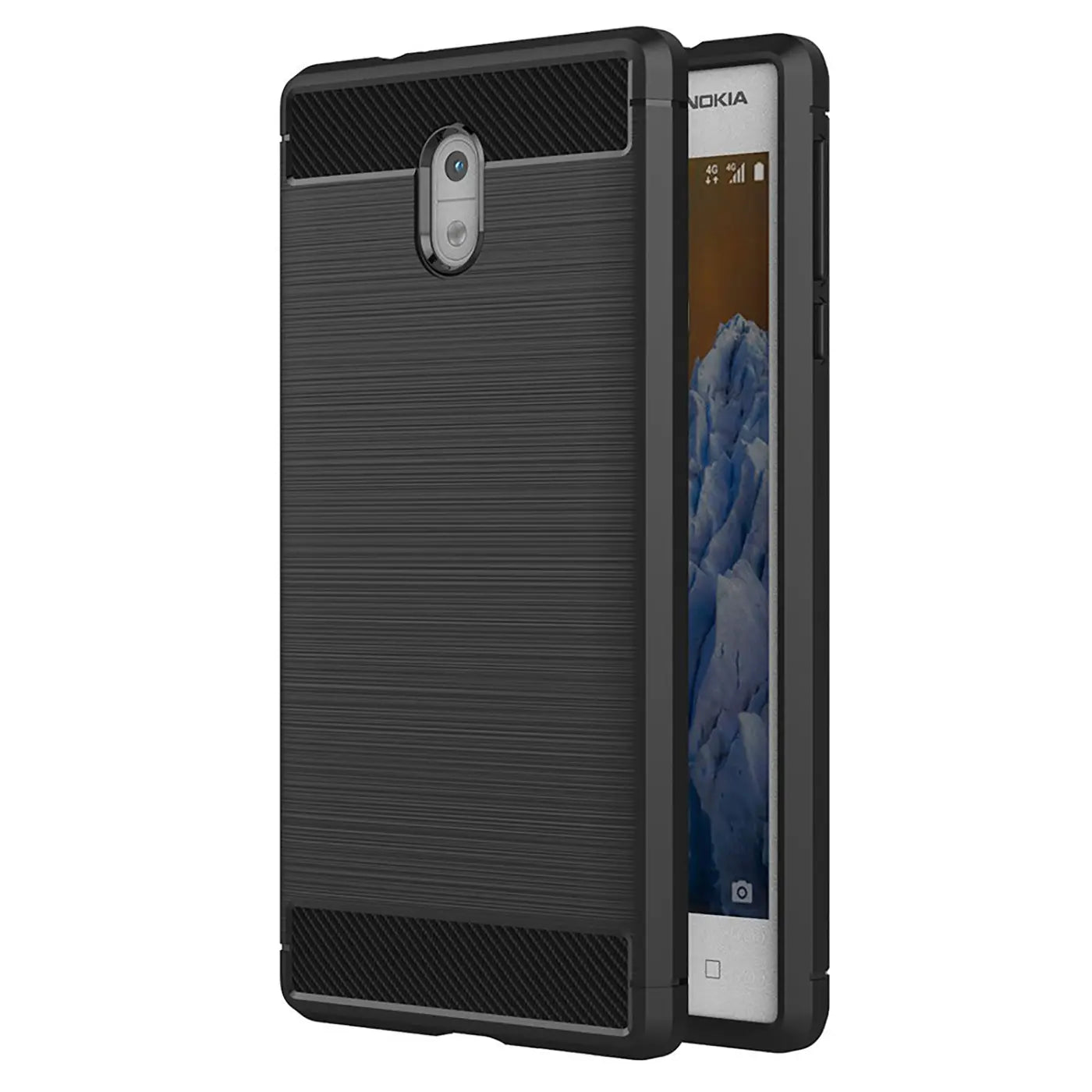 Schwarze Carbon-Hülle mit gebürsteter Textur, seitliche Ansicht, zeigt Nokia 3.