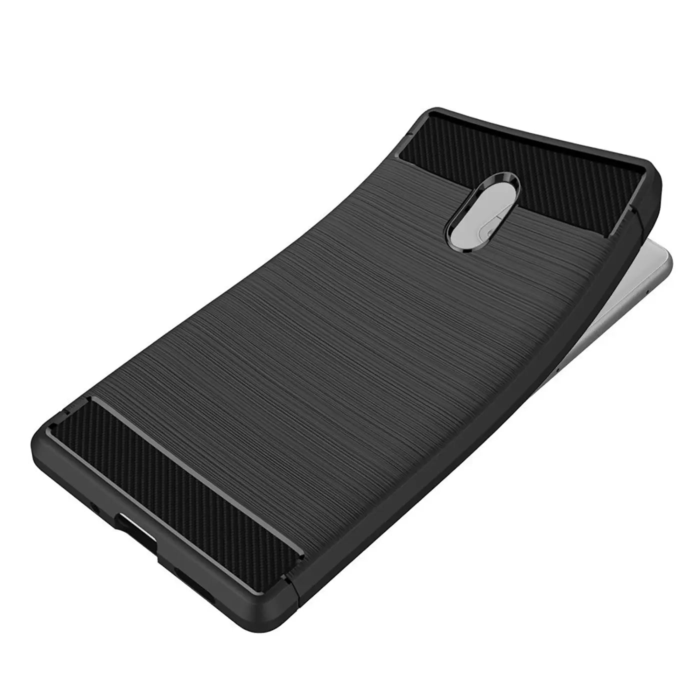 Schwarze Carbon-Hülle für Nokia 3, von oben schräg fotografiert.