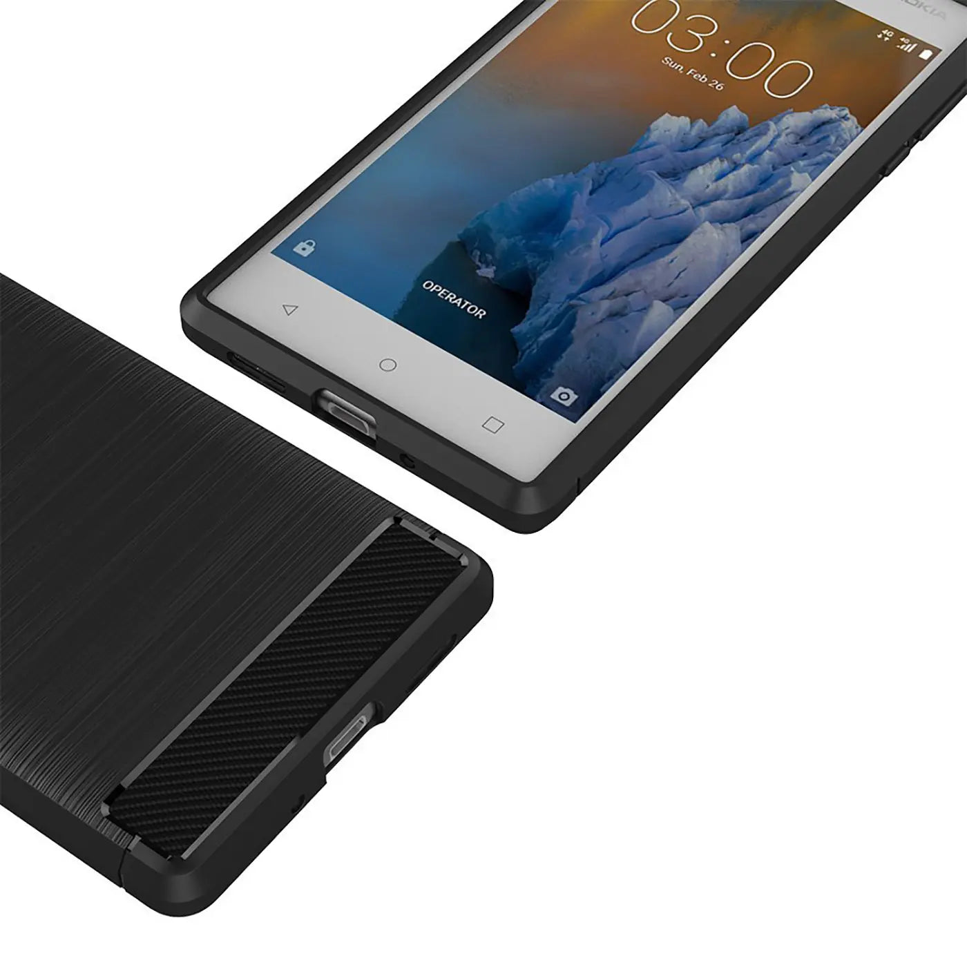 Schwarze Carbon-Hülle für Nokia 3, von oben/seitlich gezeigt.