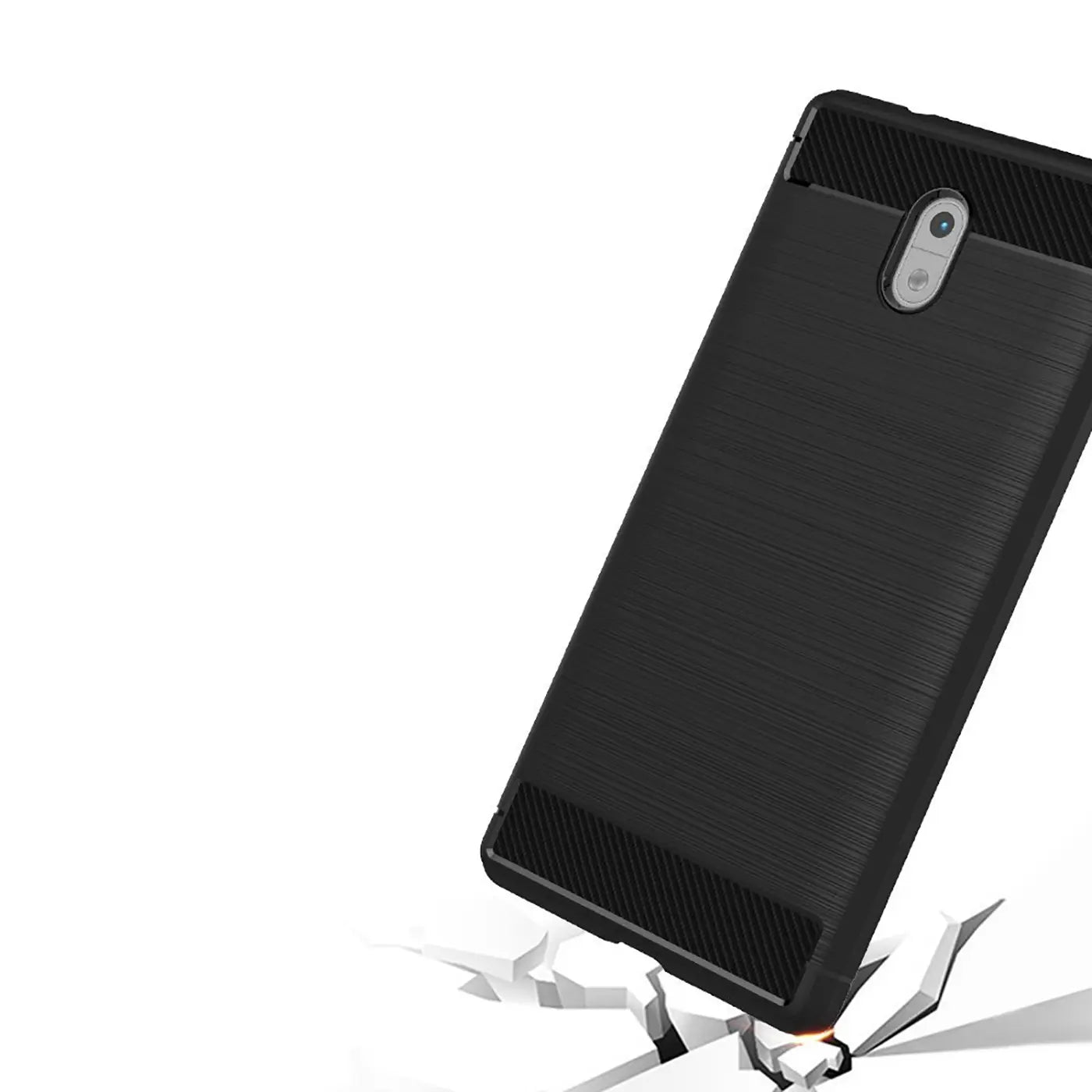 Schwarze Carbon-Hülle für Nokia 3, von schräg oben, stoßfest.