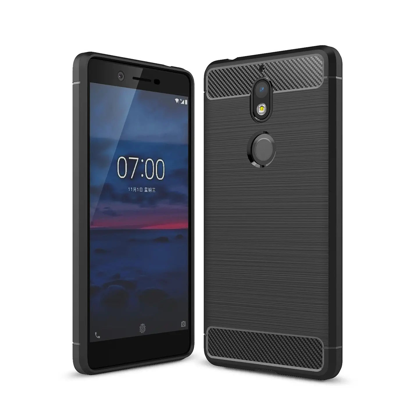 Schwarze Carbon-Hülle für Nokia 7, von hinten und vorne gezeigt, stoßfest.