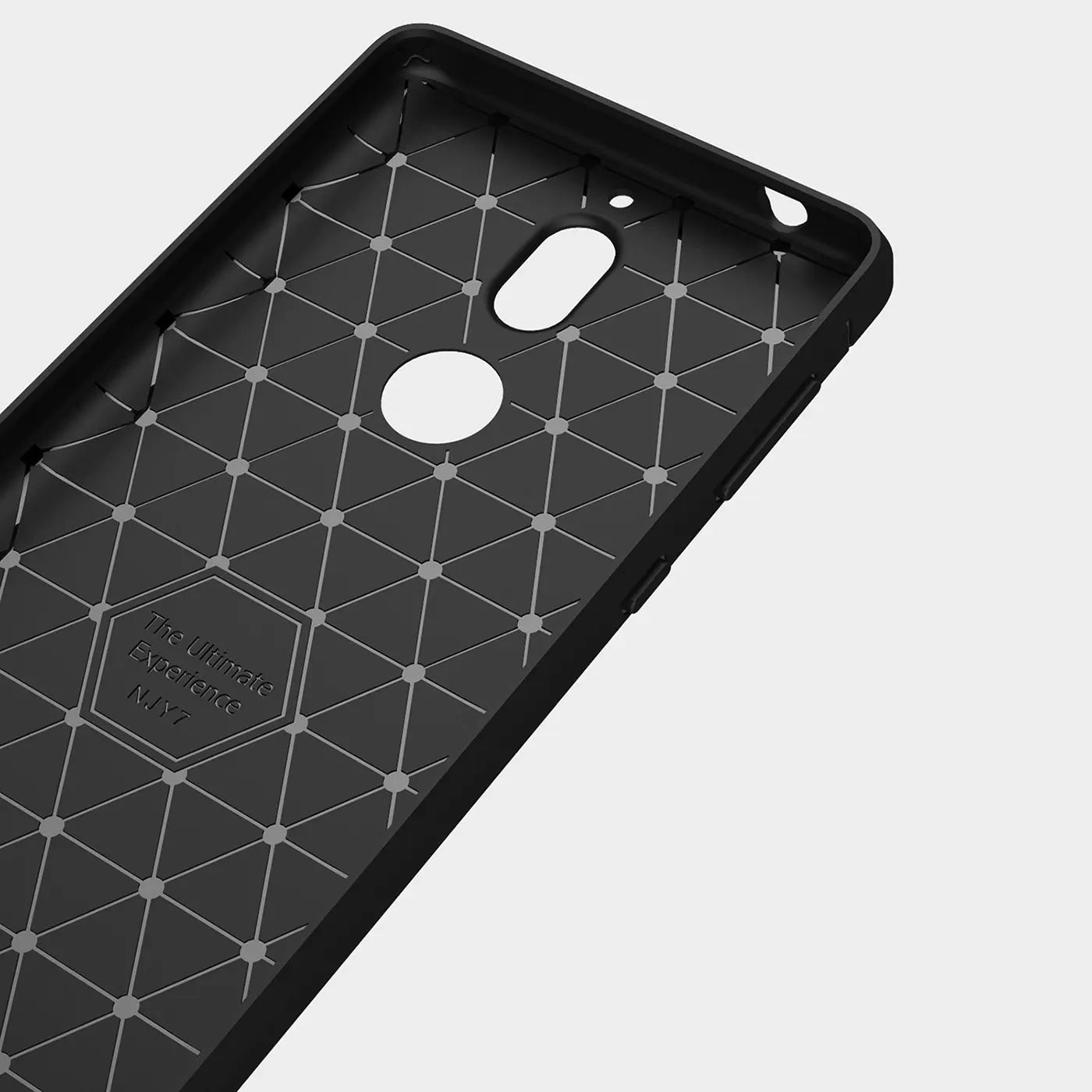 Schwarze Carbon-Hülle, Rückseite mit Wabenmuster, für Nokia 7, von oben links gezeigt.