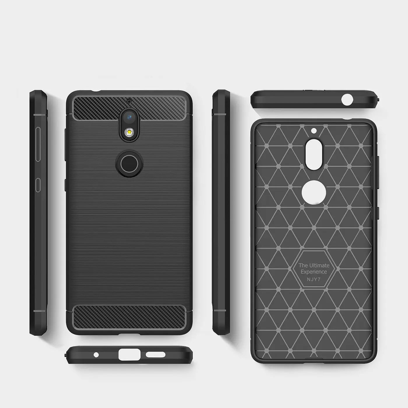 Schwarze Carbon-Hülle für Nokia 7, Vorder- und Rückansicht, Seitenansicht.