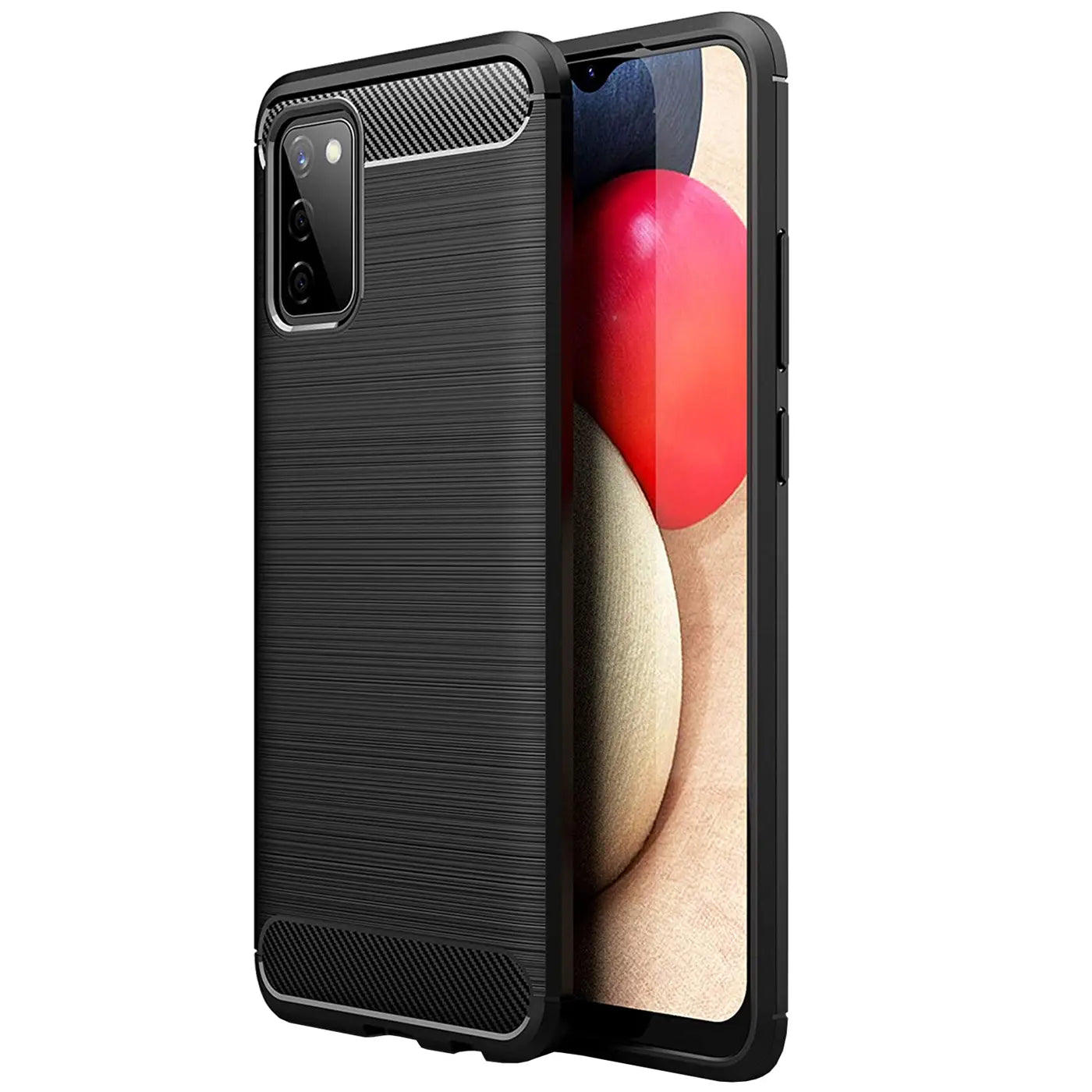 Schwarze Carbon-Hülle mit gebürsteter Textur, seitliche Ansicht, zeigt Samsung Galaxy A02S.