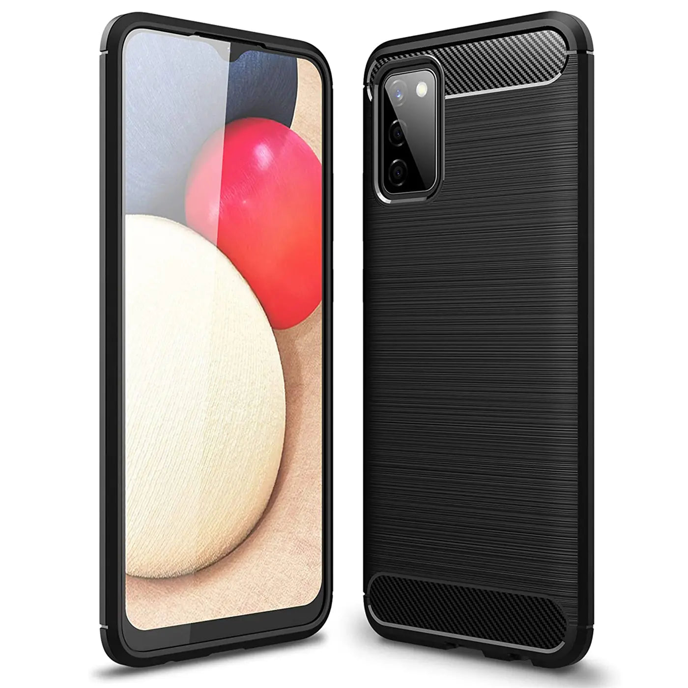 Schwarze Carbon-Hülle für Samsung Galaxy A02S, von vorne und hinten gezeigt.